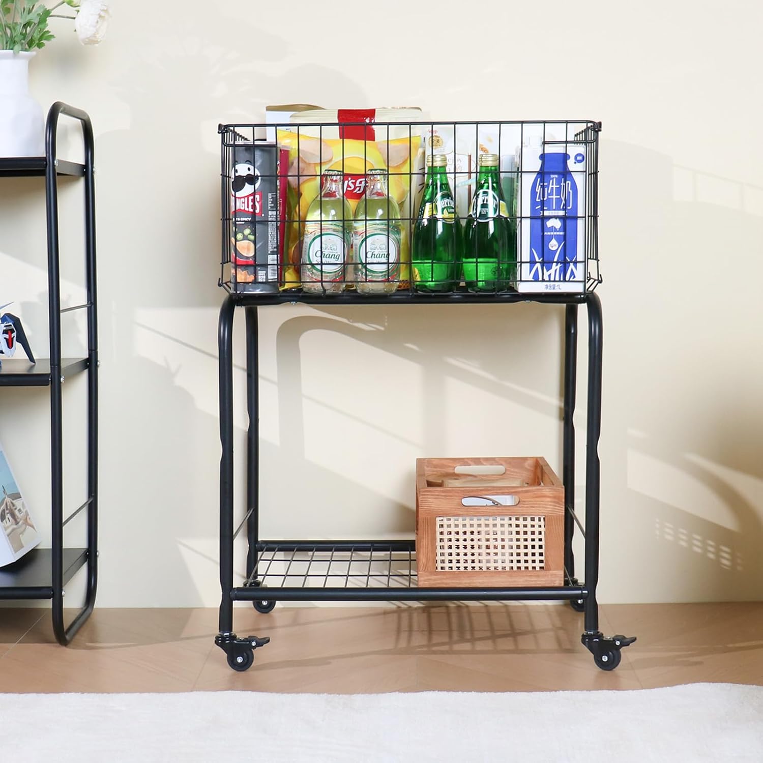 Rolling Laundry Basket with Wheels, 31" Height Heavy Duty 2-Tier Metal Wire Laundry Cart, Foldable Hamper with Industrial Wheels & Brakes for Clothes, Bedroom, Dorm, Apartment, Black