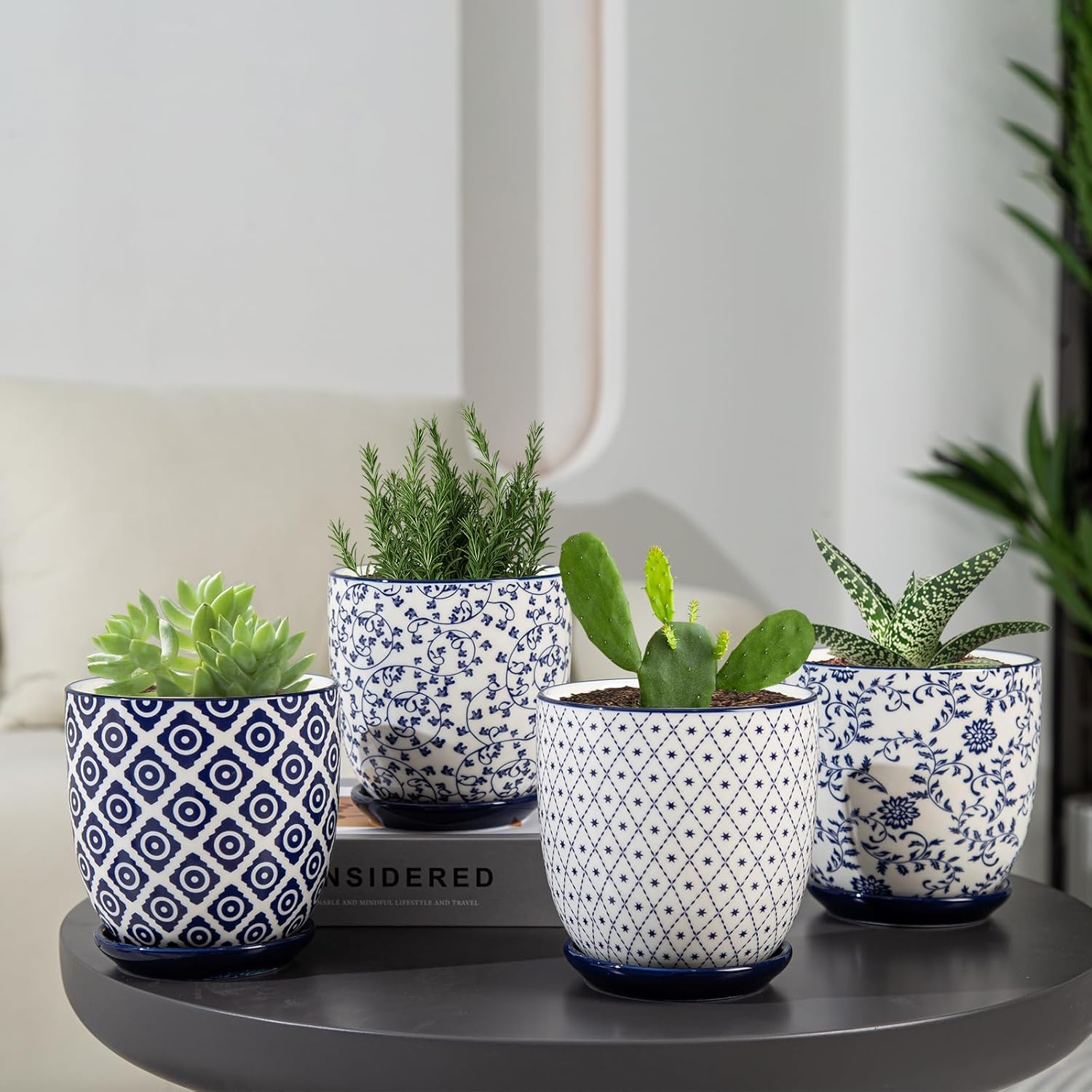 Ceramic Succulent Planter Pots - 4.6 Inch Small Flower Pot with Saucers and Drainage Holes for Cactus, Herbs, Indoor Plant, Outdoor Plants, Home Decor, Set of 4, Vintage Blue