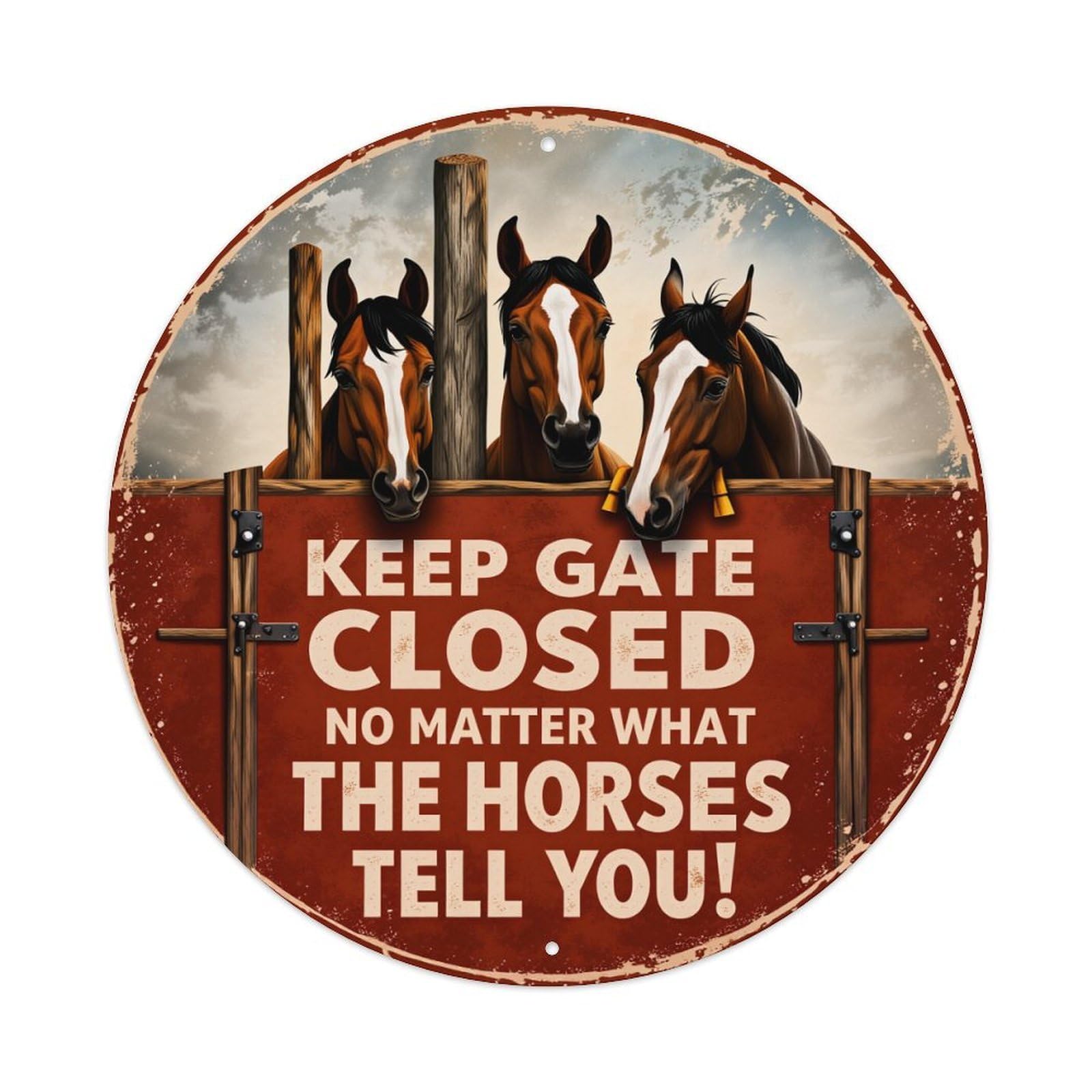 Wmlzdnwr Vintage Horses Behind Gate Keep Closed Sign Round Tin Sign,Retro Wall Art,Metal Poster For Home, Bar, Garage, Cafe, Rustic Indoor & Outdoor Decor, 8X8 Inches