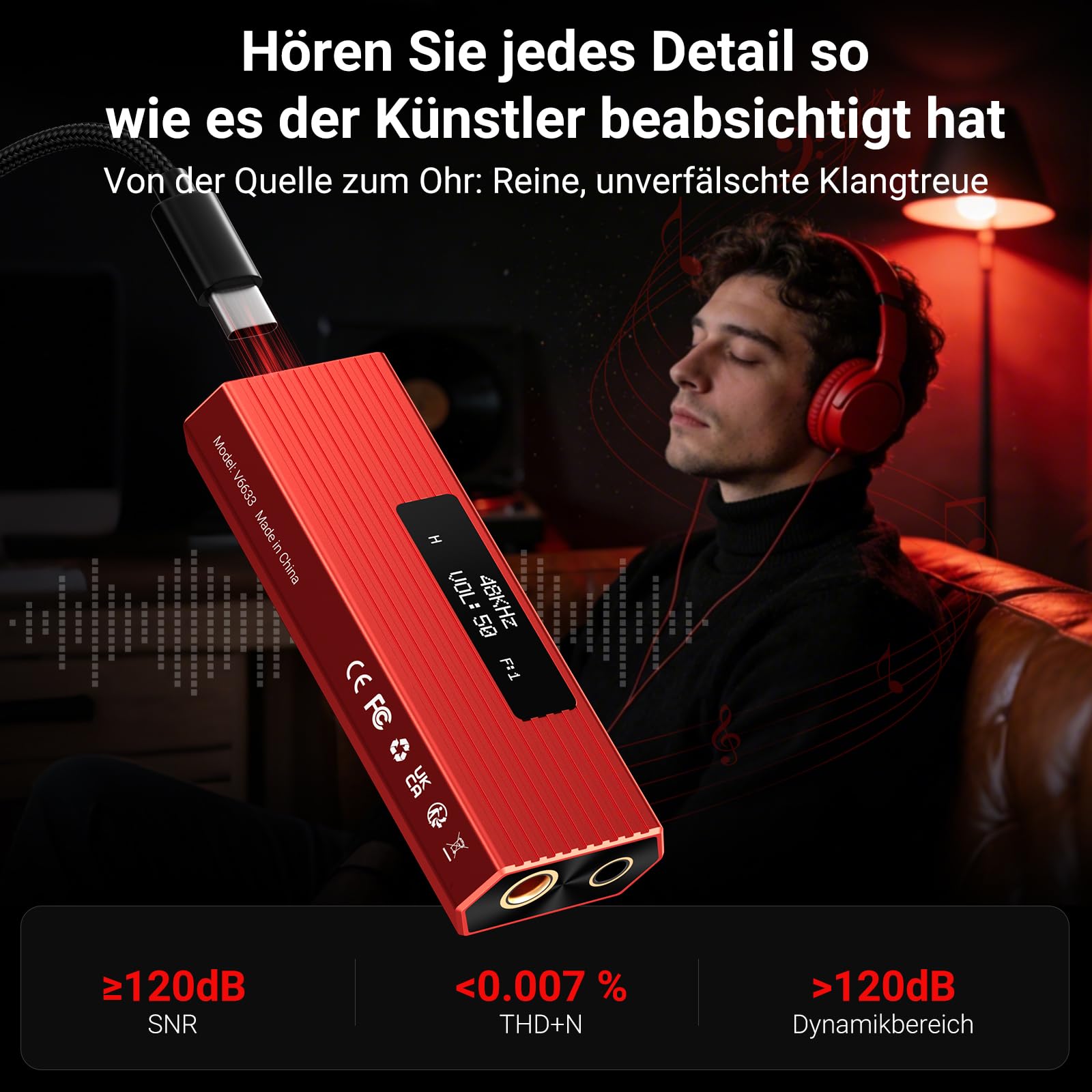 USB-C DAC Kopfhörerverstärker, tragbarer HiFi DAC mit ES9038Q2M, DSD256, PCM 384kHz/32Bit, symmetrische 4,4-mm- und 3,5-mm-Ausgänge, kompatibel mit iPhone 15/16, Android, PC, Mac