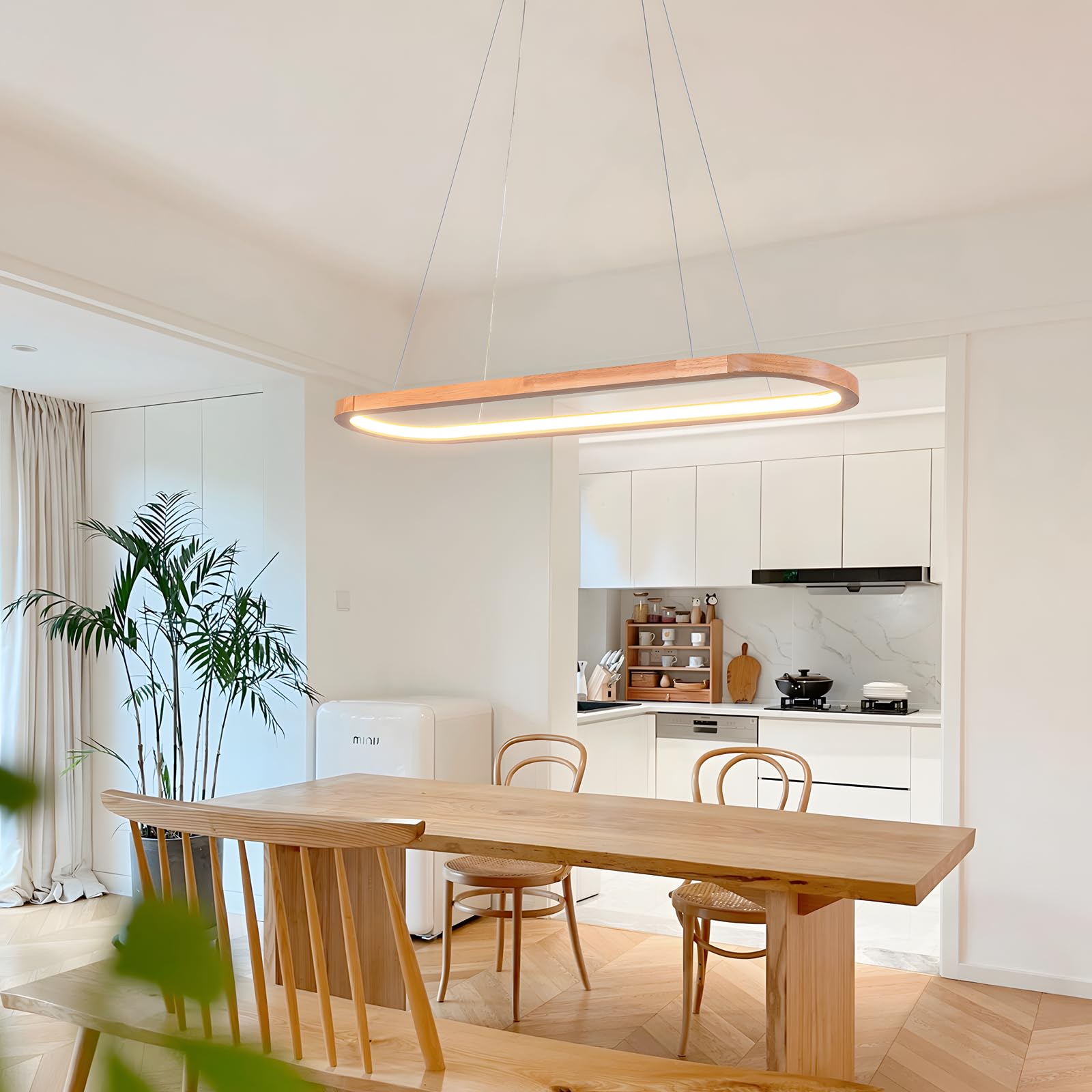 Wood LED Kronleuchter Deckenleuchte, Dimmbare Ovale Ring Holzbeleuchtung, 3000-6000K, Einstellbare Kreis Anhängerlampe, Kücheninsel Esszimmer Wohnzimmer Foyer Hängen【70cm】