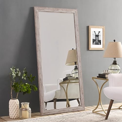 Naomi Home Farmhouse Full-Length Mirror with Wood Frame – Rustic 66"x32" Large Floor Mirror, Elegant Full Body Standing or Wall Mirrors, Rustic Wood Full Length for Bedroom - White