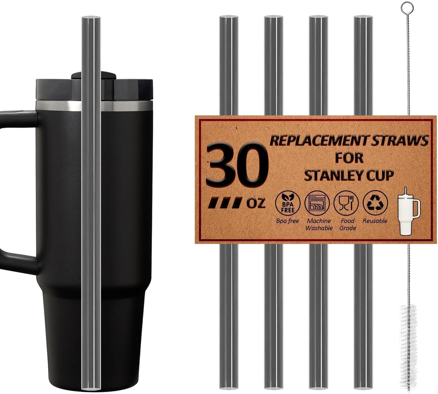 4 Pack Reusable Straws for Stanley Quencher H2.0 Tumbler 30oz | 40oz | 64oz, for Stanley Cup Accessories，Food Grade & BPA Free, Machine washable（for 30oz, Transparent Black）