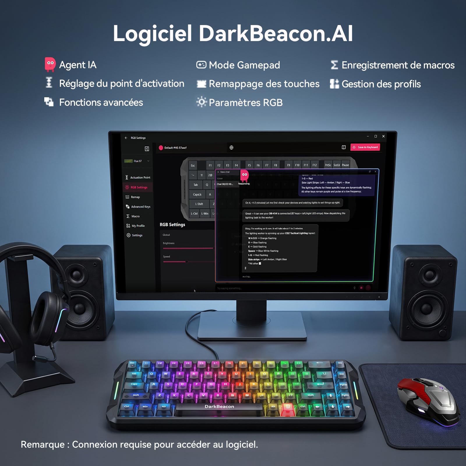 DarkBeacon Flux68 HE Clavier Magnétique, 8000Hz Rapid Trigger, Logiciel IA, Clavier Gamer Filaire 65%, Précision RT 0,01 mm, Actionnement Réglable, Snap Tap/DKS, Hot Swap, pour PC/Mac