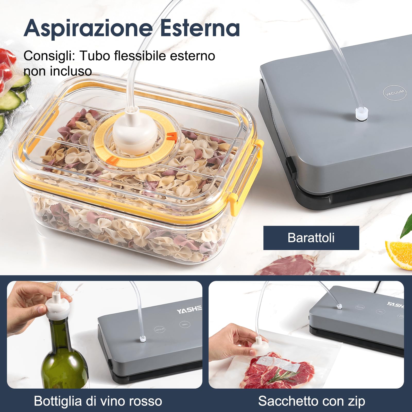 YASHE Macchina Sottovuoto Alimenti con Modalità Secco e Umido, Macchina Sottovuoto Multifunzione 5 in 1 Sigillatrice per Cottura Sous Vide e Conservare Carne, Pesce, Frutta e Verdura