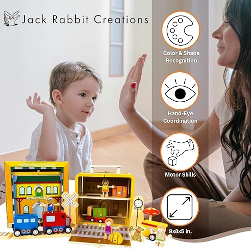 Miniatura 8 de Jack Rabbit Creations - Juego de maleta de estación de tren - Juego de 16 juguetes de madera portátiles para mayores de 3 años - Certificado FSC,