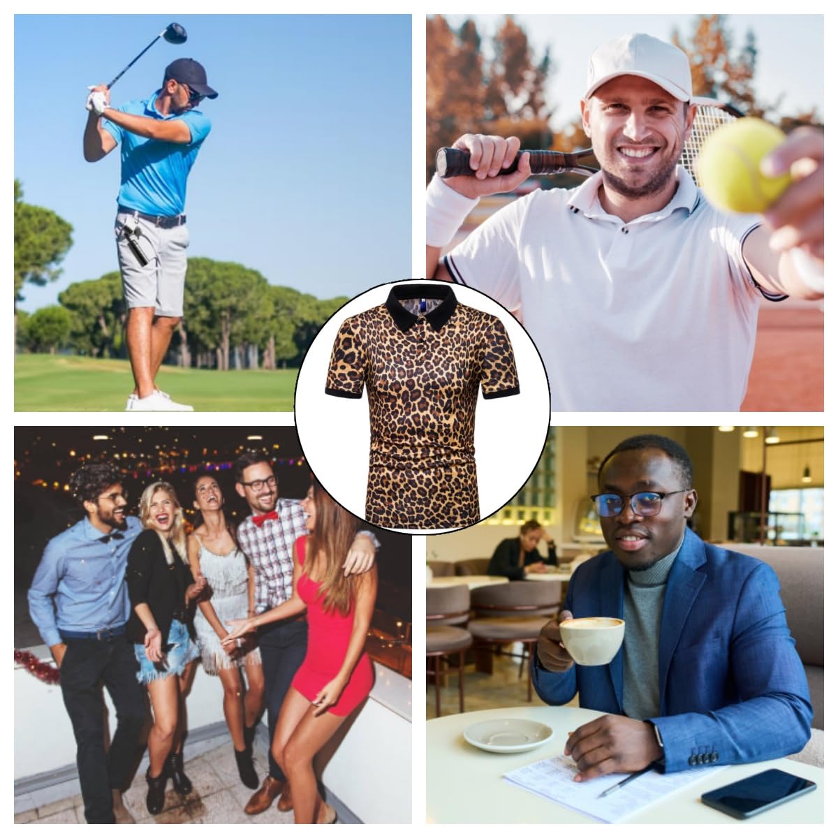 Herren Poloshirt mit Leopardenmuster, kurzärmeliges Casual-T-Shirt mit Leopardenmuster, knopfverschlossen normaler Stehkragen Golf- & Tennistop, klassisches schlankes Basic-Poloshirt für den Sommer