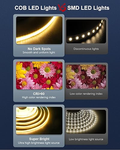 Miniatura 5 de ALITOVE Tira de luces LED COB roja de 1260 LED, flexible, uniforme, brillante, 12 voltios, cinta de luz LED adhesiva fuerte de 16.4 pies, para