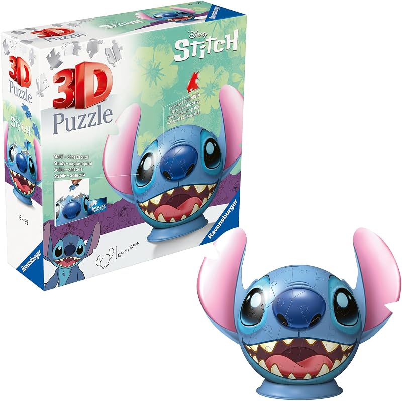 Ravensburger Puzzle-Ball Disney Stitch Rompecabezas de 72 piezas para niños: cada pieza es única, las piezas encajan perfectamente | 72 piezas, con orejas acoplables, nivel de dificultad 2/5, diámetro: aprox. 12,9 cm, sin pegamento
