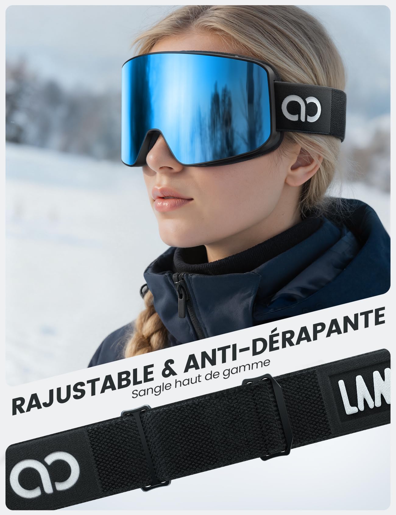Lamicall Lunettes de Ski Homme, Masque Ski OTG - [Ultra HD & Anti-Buée Breveté] Lunettes Snowboard pour Femme & Homme, UV400 Protection, Sangle Réglable, Ski Goggles Femme pour Sports Hiver