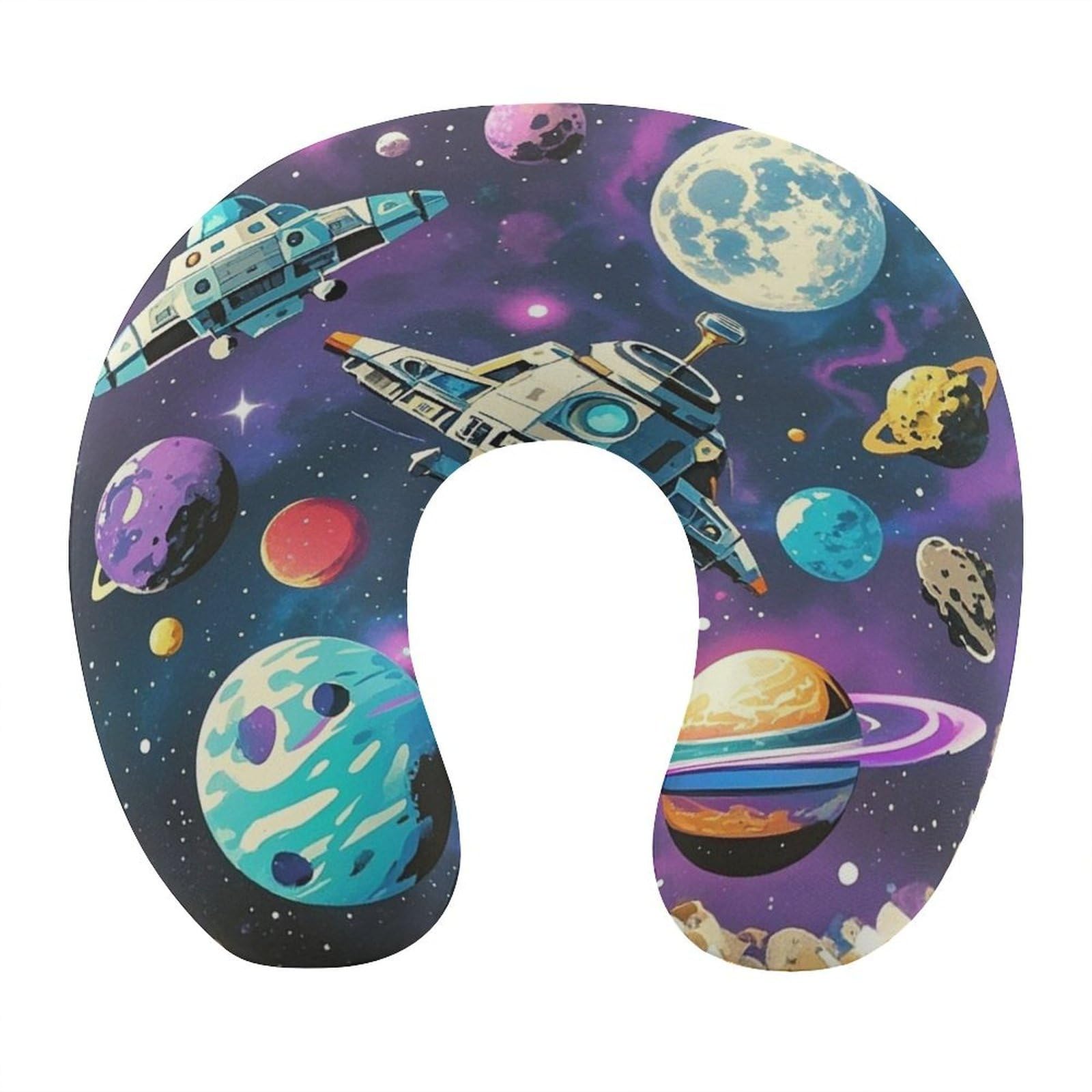 FekiLoot Retro Space Theme Travel Pillow U Shaped Neck Pillow Comfortable Memory Foam Pillow Portable Soft Headrest Lightweight Neck and Head Support for Planes Trains Self-Driving Cars