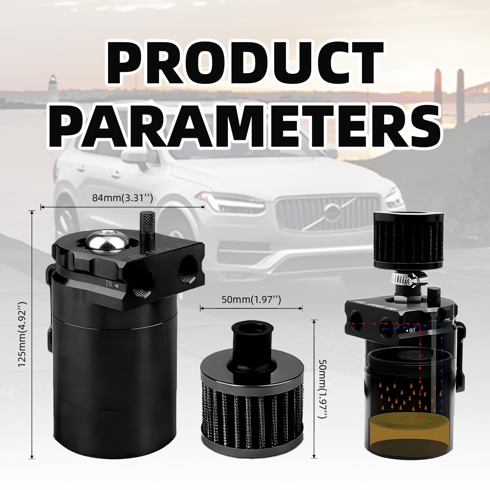 Bote de Captura de Aceite, Tanque de Depósito de Aluminio para Automóvil de 300 Ml, Kit Universal Con Filtro de Aire, Manguera y Otros Accesorios (Negro)