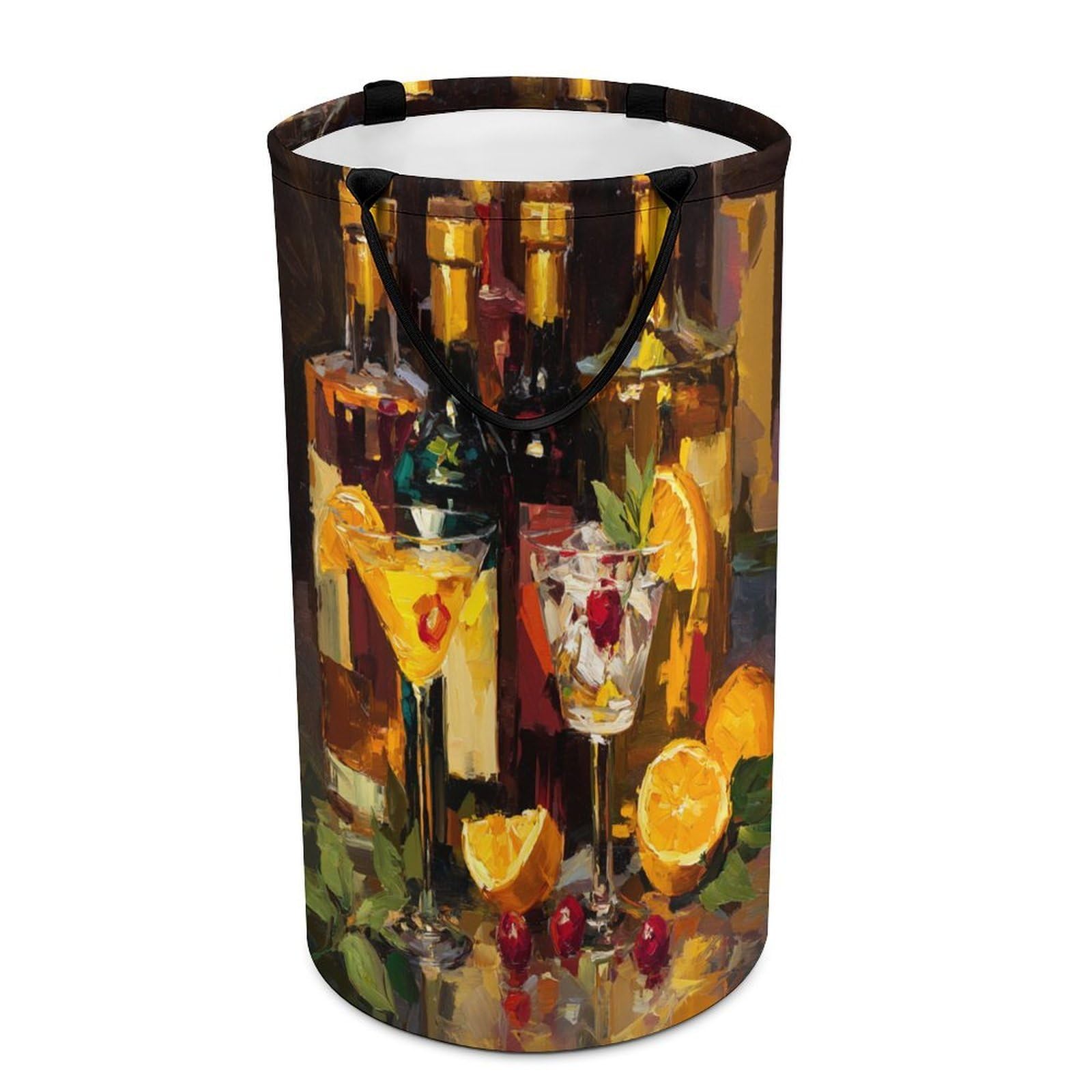 LUYYSKY Rustic Fantasy Wine Glass Versatile Storage Laundry Basket, Retro Watercolor Wine Fruit Orange Berry Cherry Pattern Large Bathroom Laundry Hamper With Handle-40 CM Dia, 69 CM High