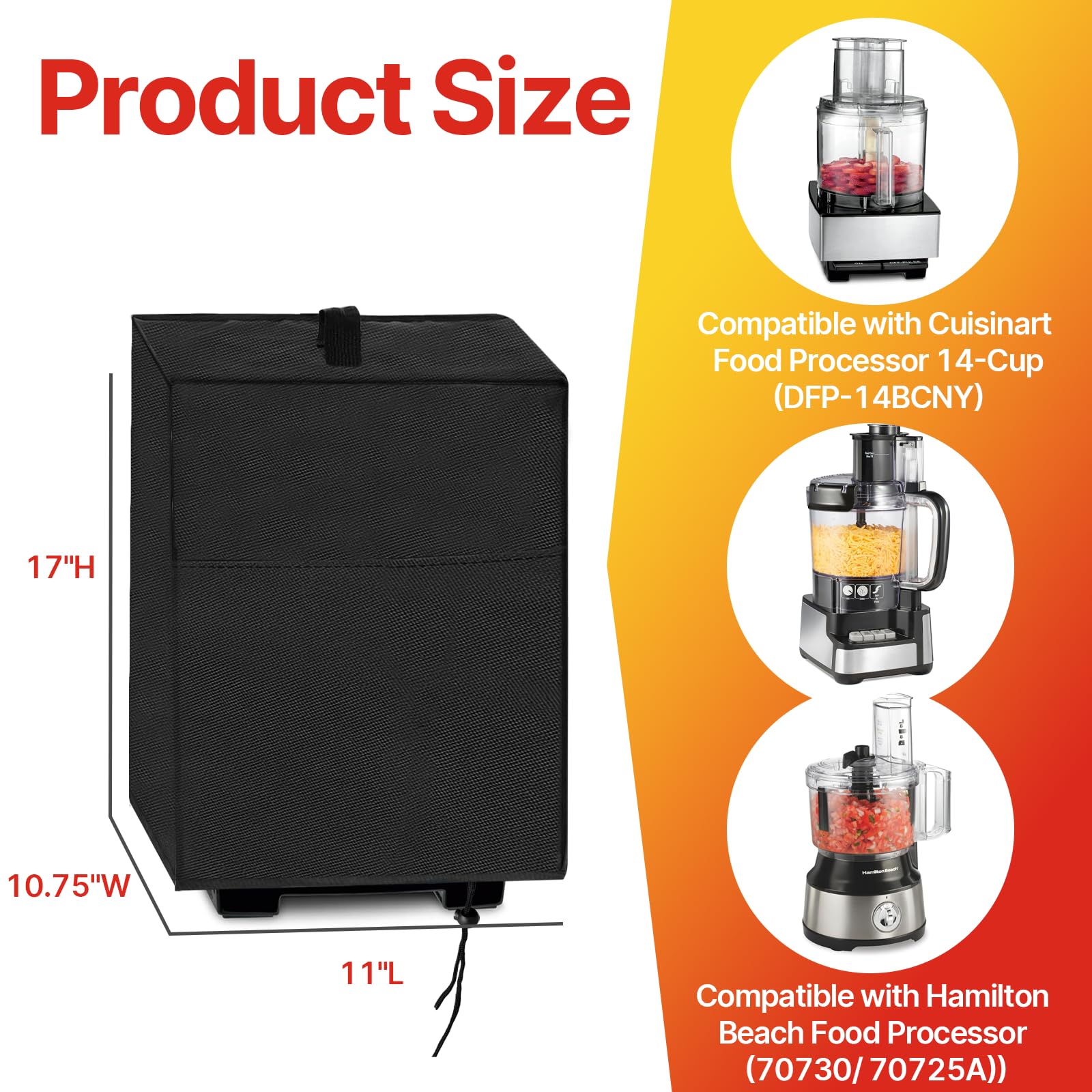 Letsteel Food Processor Cover Compatible with Cuisinart, Kitchen Appliance Covers Compatible with Hamilton Beach, Dust Cover with Storage Pockets for Large 11-14 Cup Processors, Black