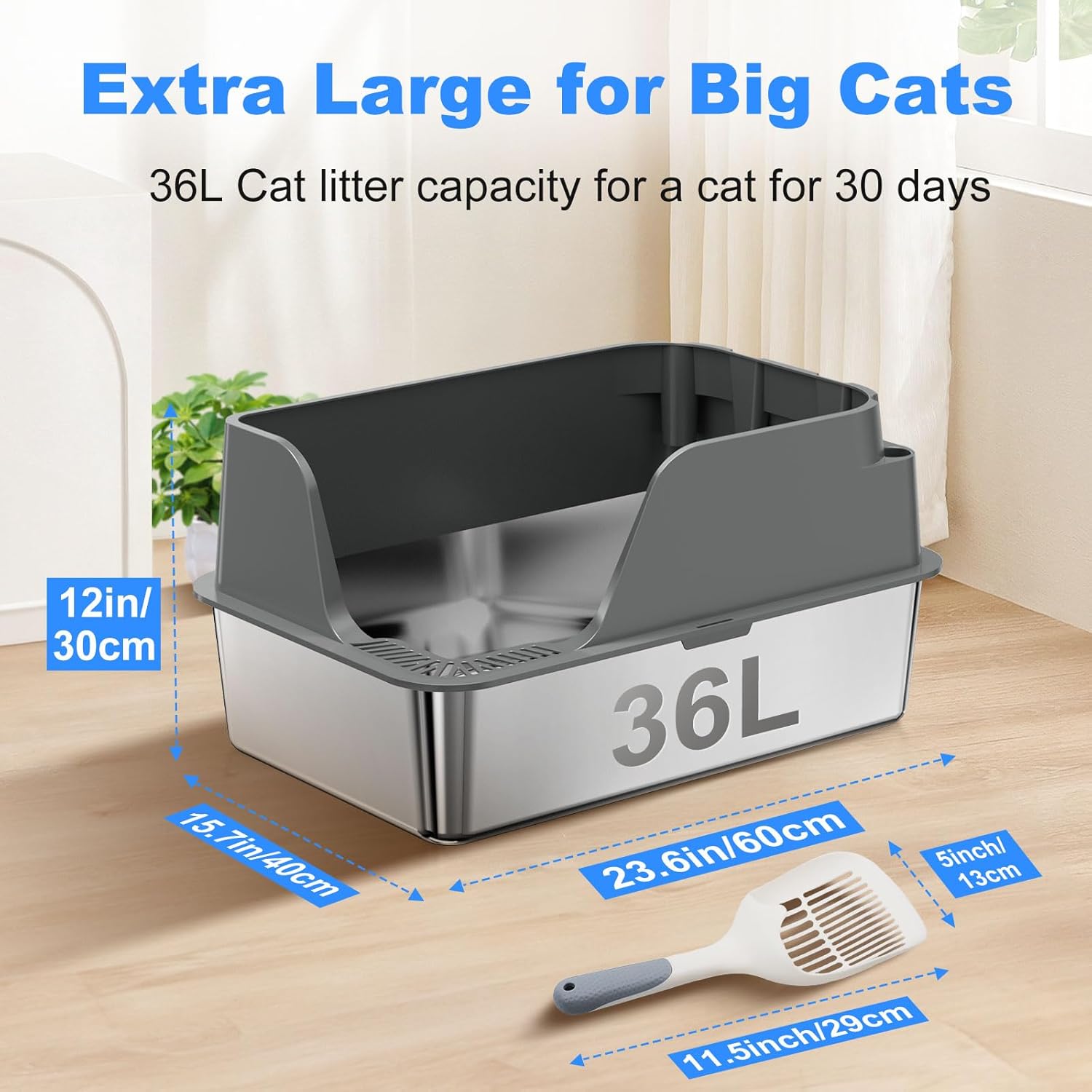 Non-stick Stainless Steel Litter Box, XL Side Opening Splash-Proof & Leak-Proof Seamless Seal, Ellenpent Large Capacity, Cat Litter Box with Lid for Multi-Cats, Large Cats, Easy-Clean & Durable (Gray)