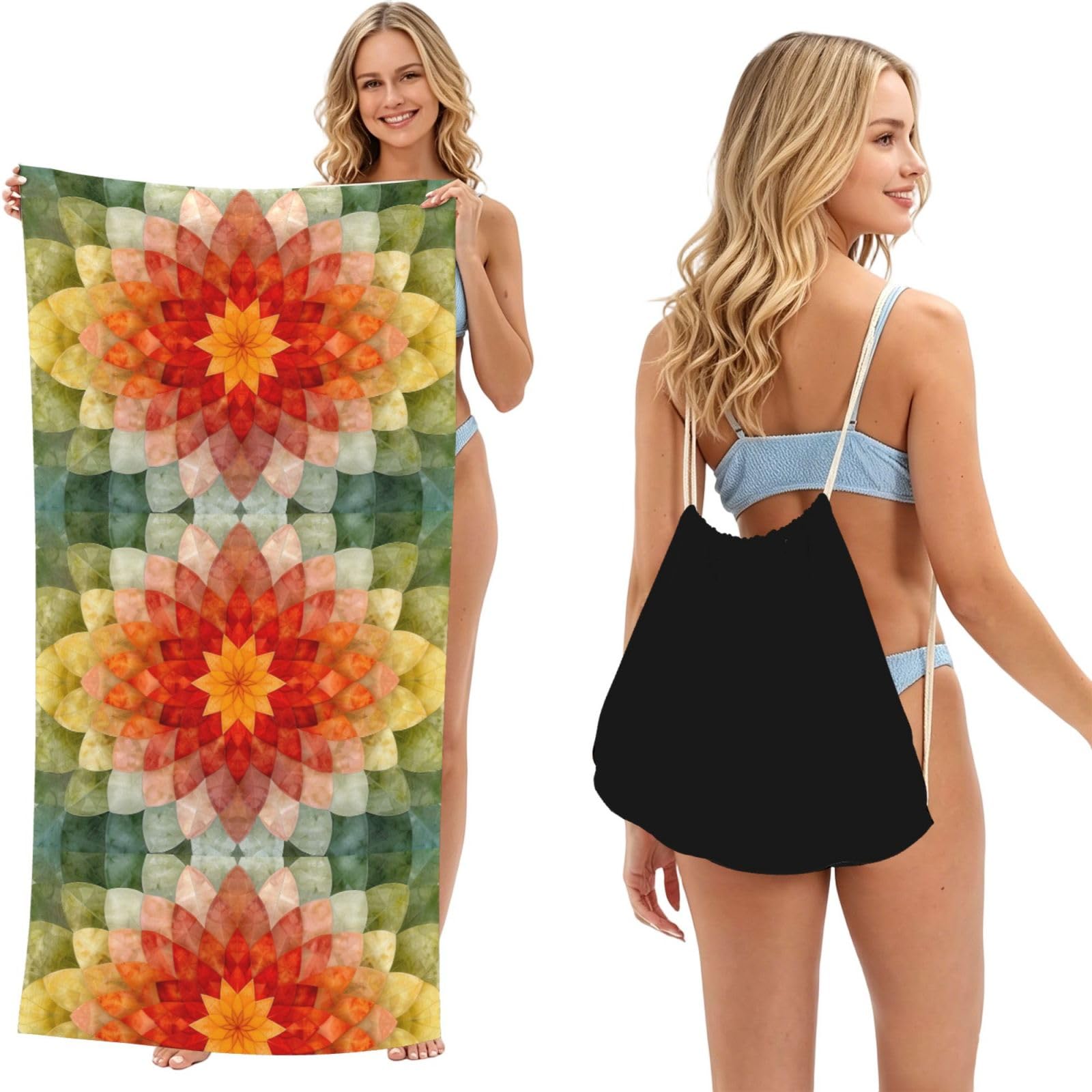 SKGOHLH Overlapping flowers 2in1 Packable Beach Towel Bag Women