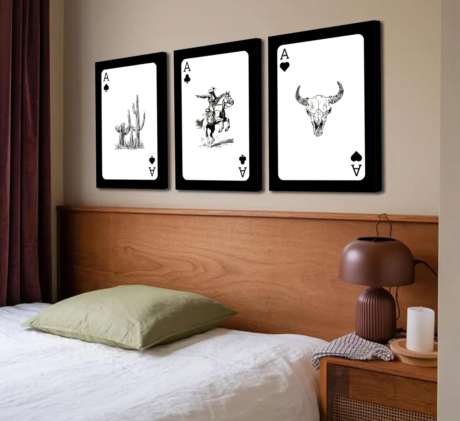 3Pcs Western Cowboy Canvas Wall Art Rustic Southwestern Style Poster Funny Creative Poker Ace Print Retro Western Aesthetic Image Cowboy Horse Bull Skull Cactus Painting for Bedroom Living Room Bathroom 12x16in Framed