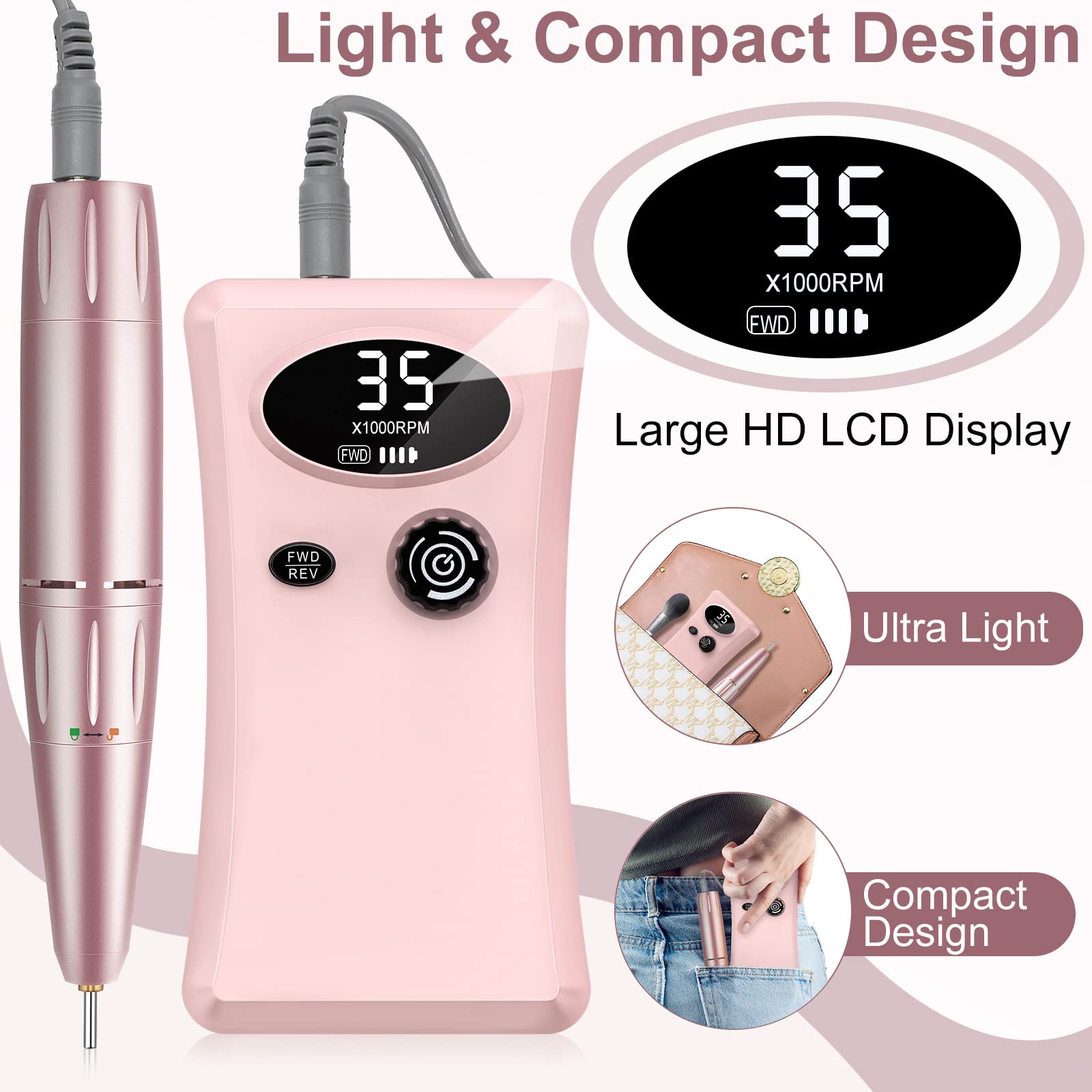 Ponceuse pour Ongles Professionnelle Electrique, 35000 RPM Portable Rechargeable Lime à Ongle avec 11 Embouts et Affichage LCD, Vitesse Réglable Puissante pour Manucure et Pédicure (Rose)