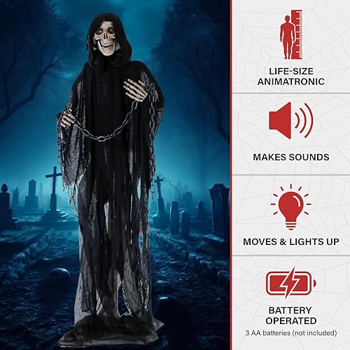 Miniatura 4 de Haunted Hill Farm Parca aterradora de tamaño real con cadena, animatrónica de Halloween con luces y sonidos activados por el tacto, funciona