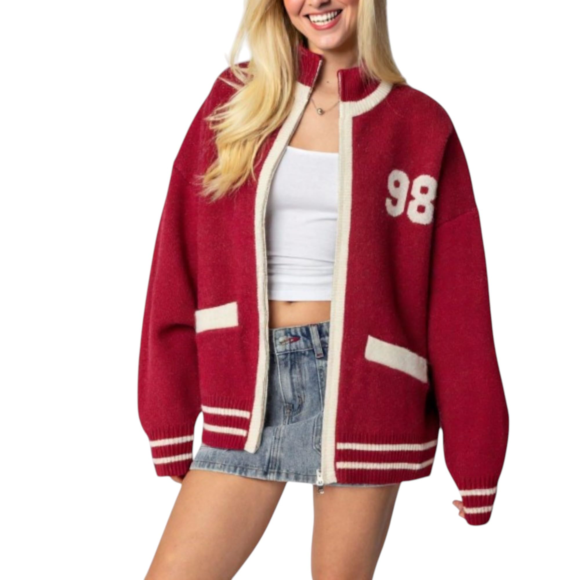Womens Zip up Cardigan Sweaters Stand Collar Long Sleeve Knit Jacket Winter Casual Outerwear Coats