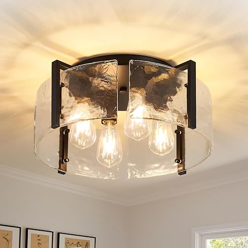 Miniatura 10 de Lámpara de techo de montaje empotrado dorada: 14.1'' de vidrio lámparas de techo semiempotradas - Iluminación de tambor de mediados de siglo para