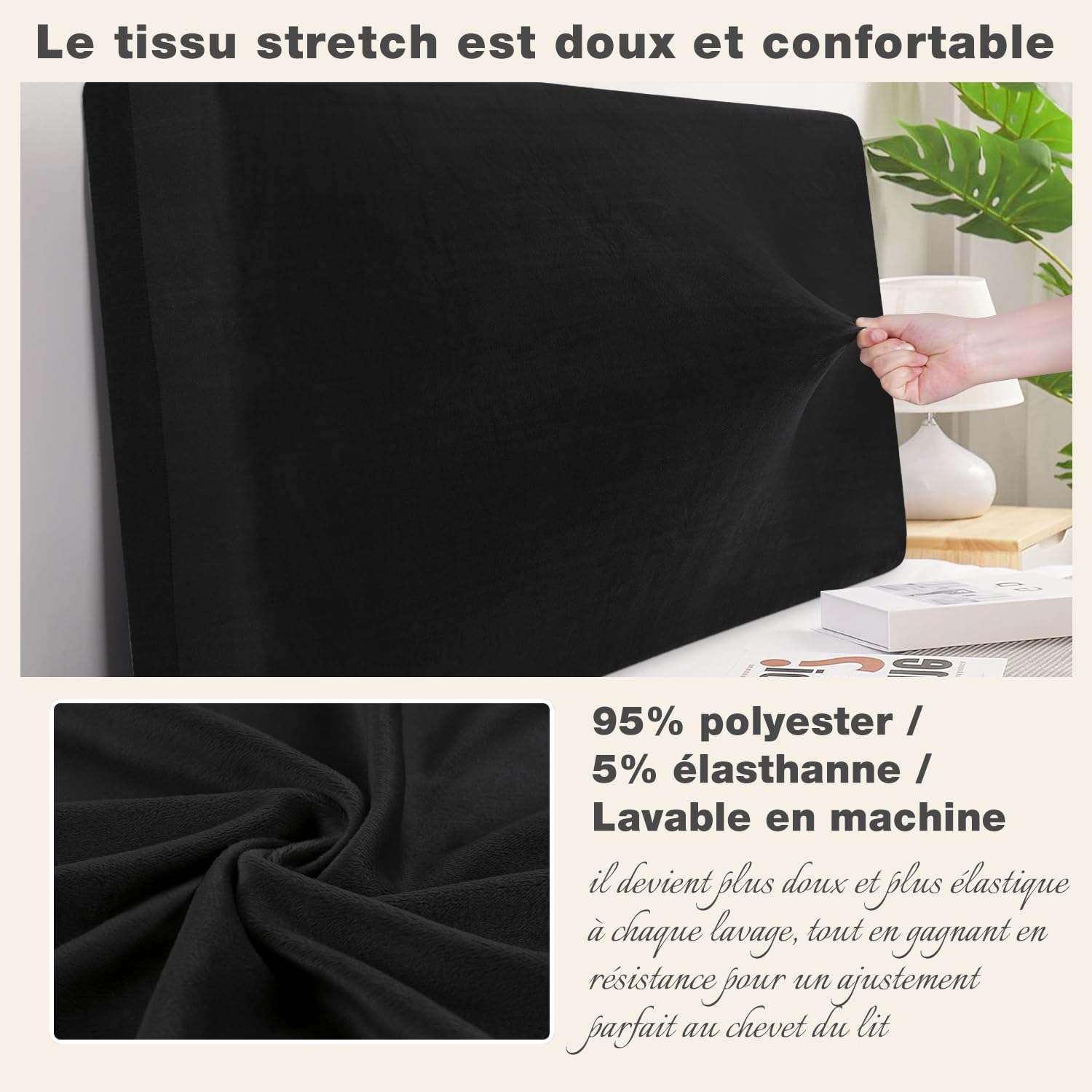TAOCOCO Housse de Tête de Lit 160 cm, Tête de Lit Double élastique, Housse de Protection Antipoussière, Tissu Velours Extensible Doux, Lavable, Design Tout-en-Un (150/160/170 cm, Noir)