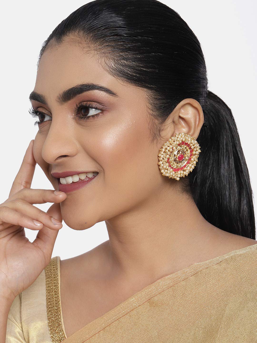 Pink Stones Ethnic Stud Earring For Women