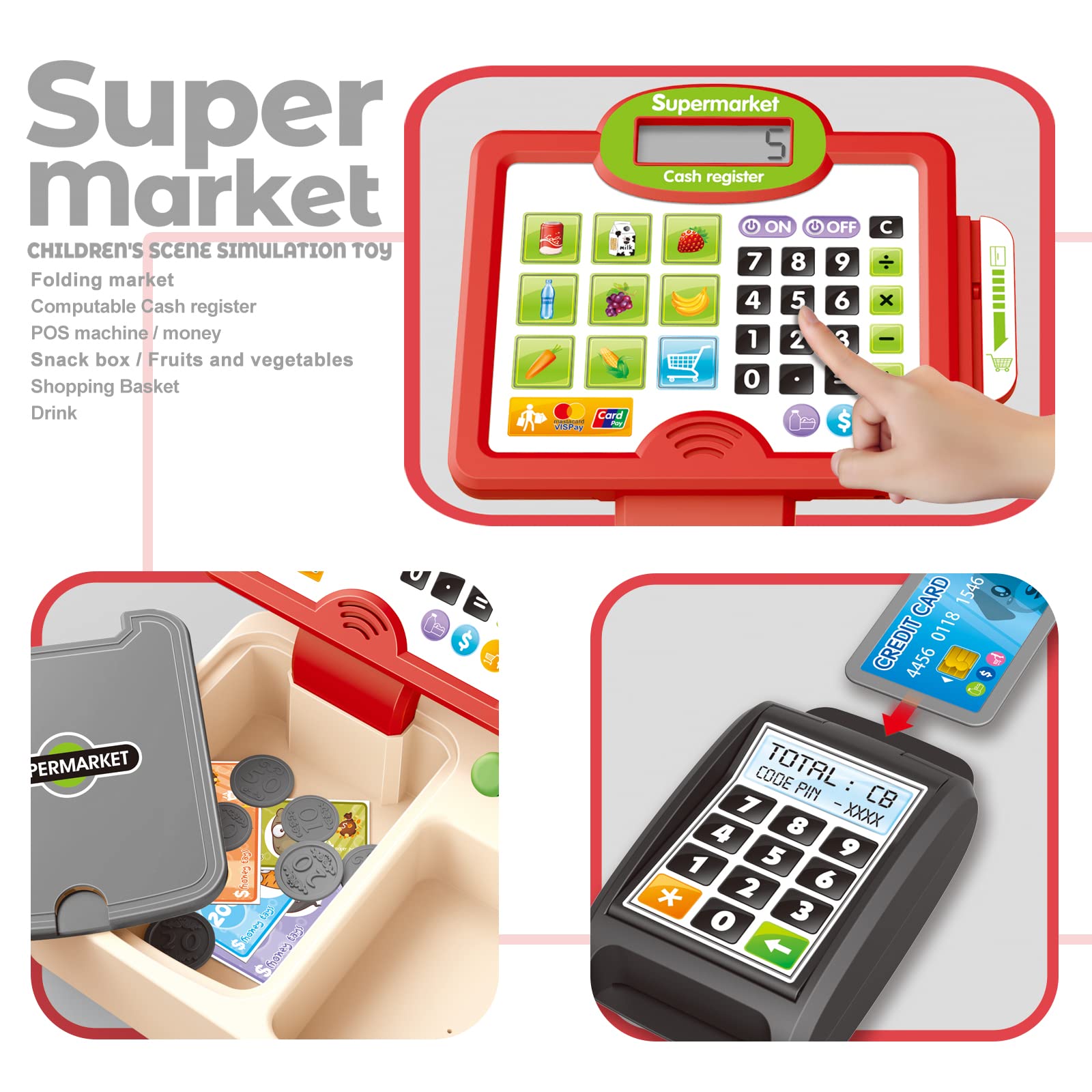 RedCrab Registratore di Cassa Giocattolo, Supermercato Cassa Giocattolo per Bambini con Funzione di Calcolatrice, Scanner e Alimenti, Pieghevole Cassa Set di Giocattoli per Bambini 3+ Anni