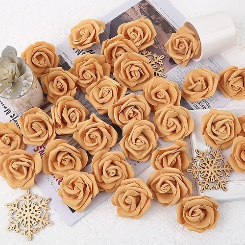 Miniatura 4 de IPOPU Cabezas de rosas artificiales, 100 rosas falsas de espuma de aspecto real dorado amarillo para bricolaje, bodas, baby shower, centros de mesa,