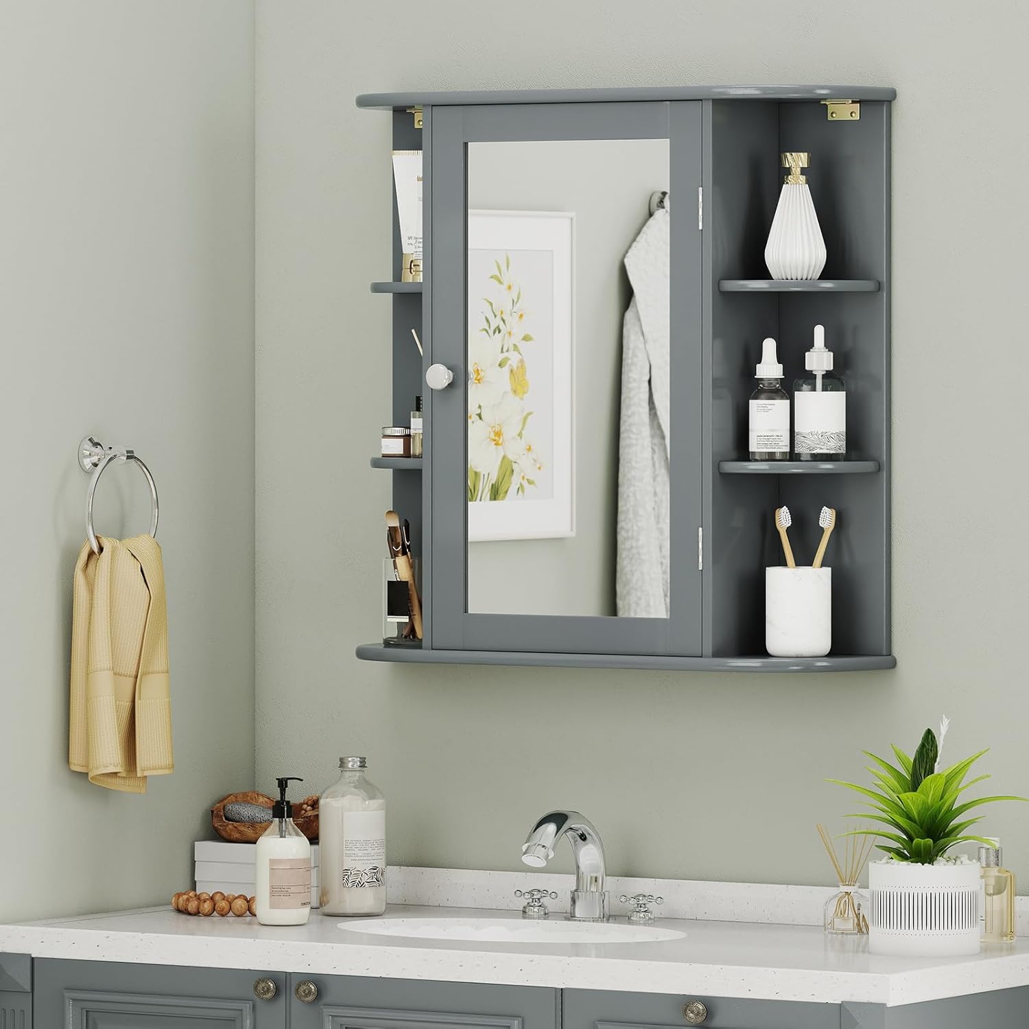 Giantex Bathroom Mirror Cabinet, Wall Mounted Medicine Cabinet with Mirrored Door & 4 Interior Shelves, 6 Open Shelves, Mounting Hardware, Space-Saving Storage Cabinet