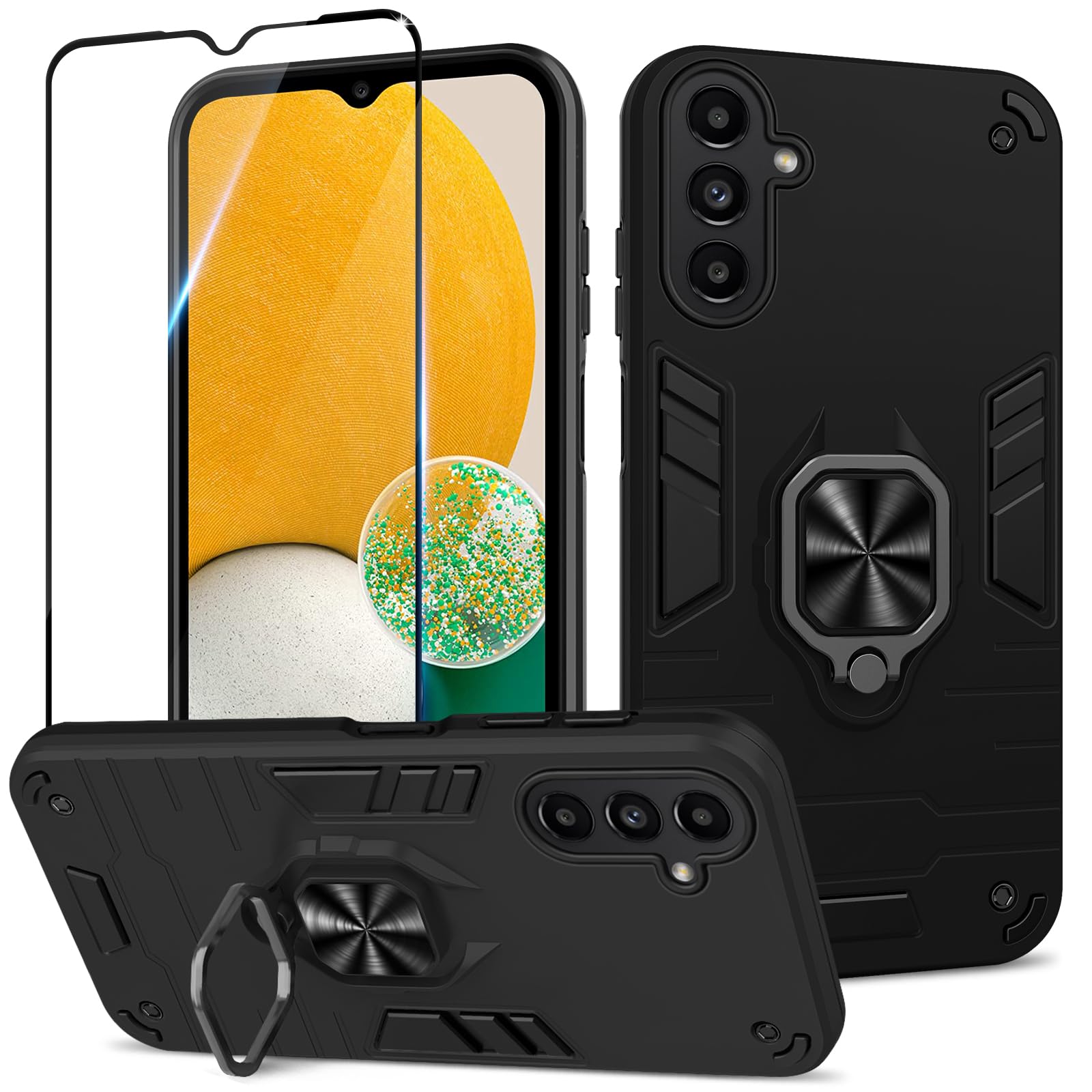 Funda para Samsung Galaxy A13 4G con Cristal Templado Protector Pantalla, Carcasa Antigolpes con Soporte anular metálico, Case Protectora de Grado Militar, Negro — view 167