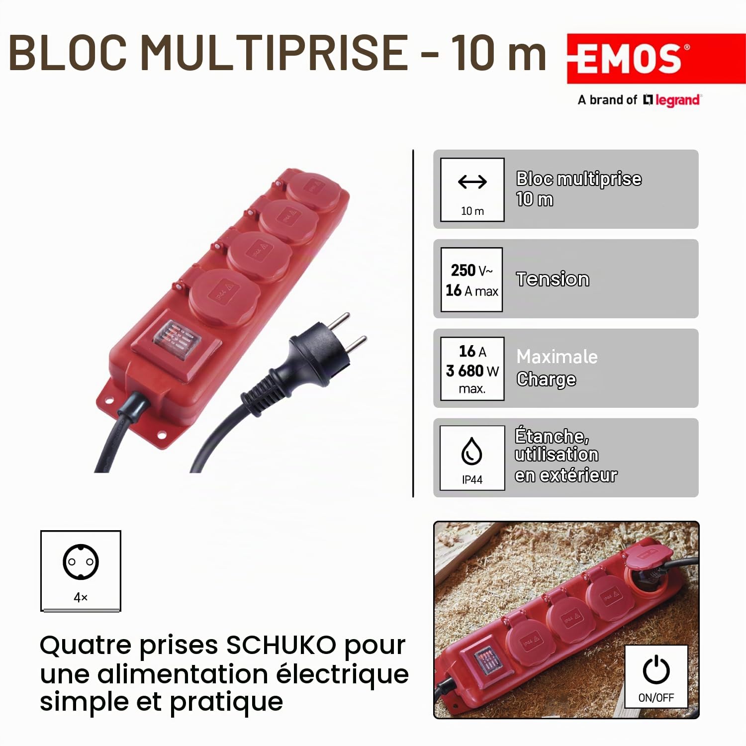EMOS Bloc multiprise IP44 pour extérieur avec sécurité enfant rabattable