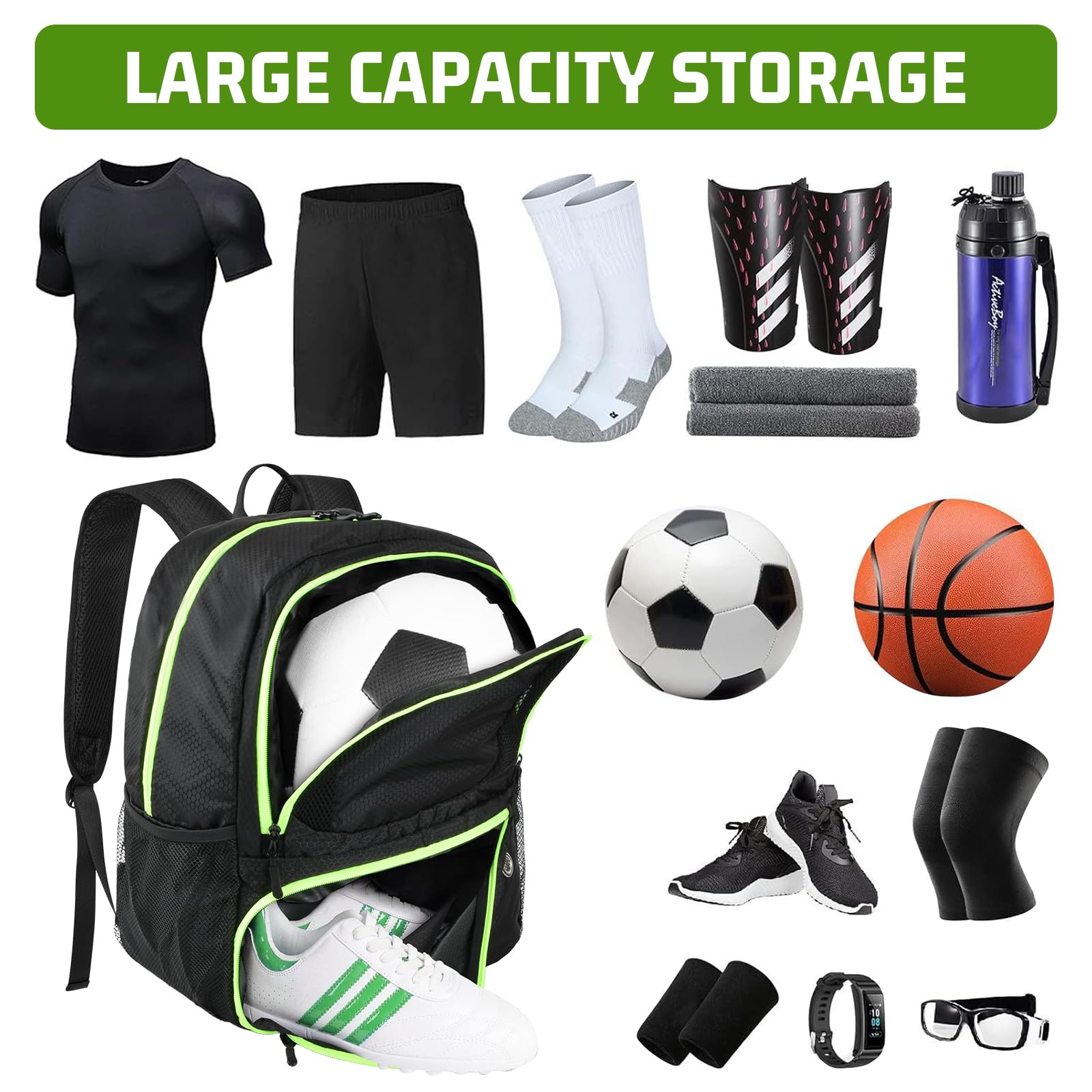 Dokeno Sac à Dos de Basket-Ball pour Homme, Sac à Dos de Football avec Compartiment pour Ballon et Chaussures, Sac pour équipement de Sport adapté au Ballon de Volley-Ball, de Football et de Soccer
