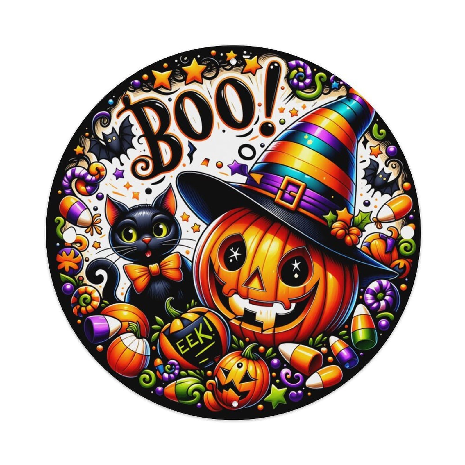 Boo Pumpkin Cat Witch Candy Round Tin Sign Retro Metal Sign for Cafe Bar Pub Home Game Room Gym Club Wall Decoration Vintage Metal Poster 8x8 Inch
