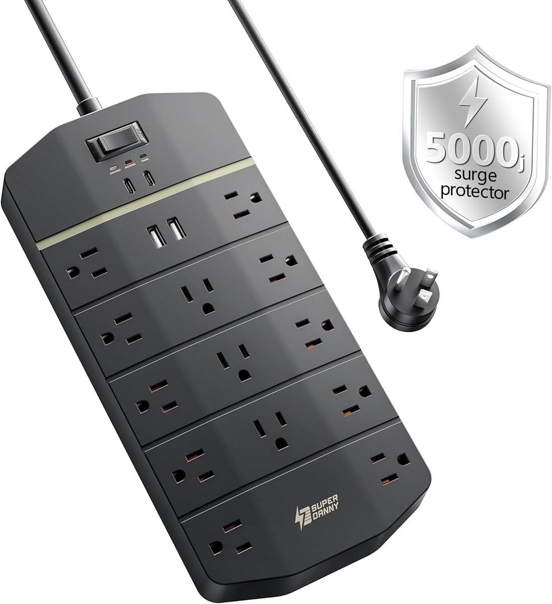 Power Strip,SUPERDANNY 5000 Joules Surge Protector with 13 AC Outlets 2 USB-A & 2 USB-C PD 20W Fast Charging Heavy Duty 14AWG/3C Industrial Grade Extension Cord for Workbench Home Office Black