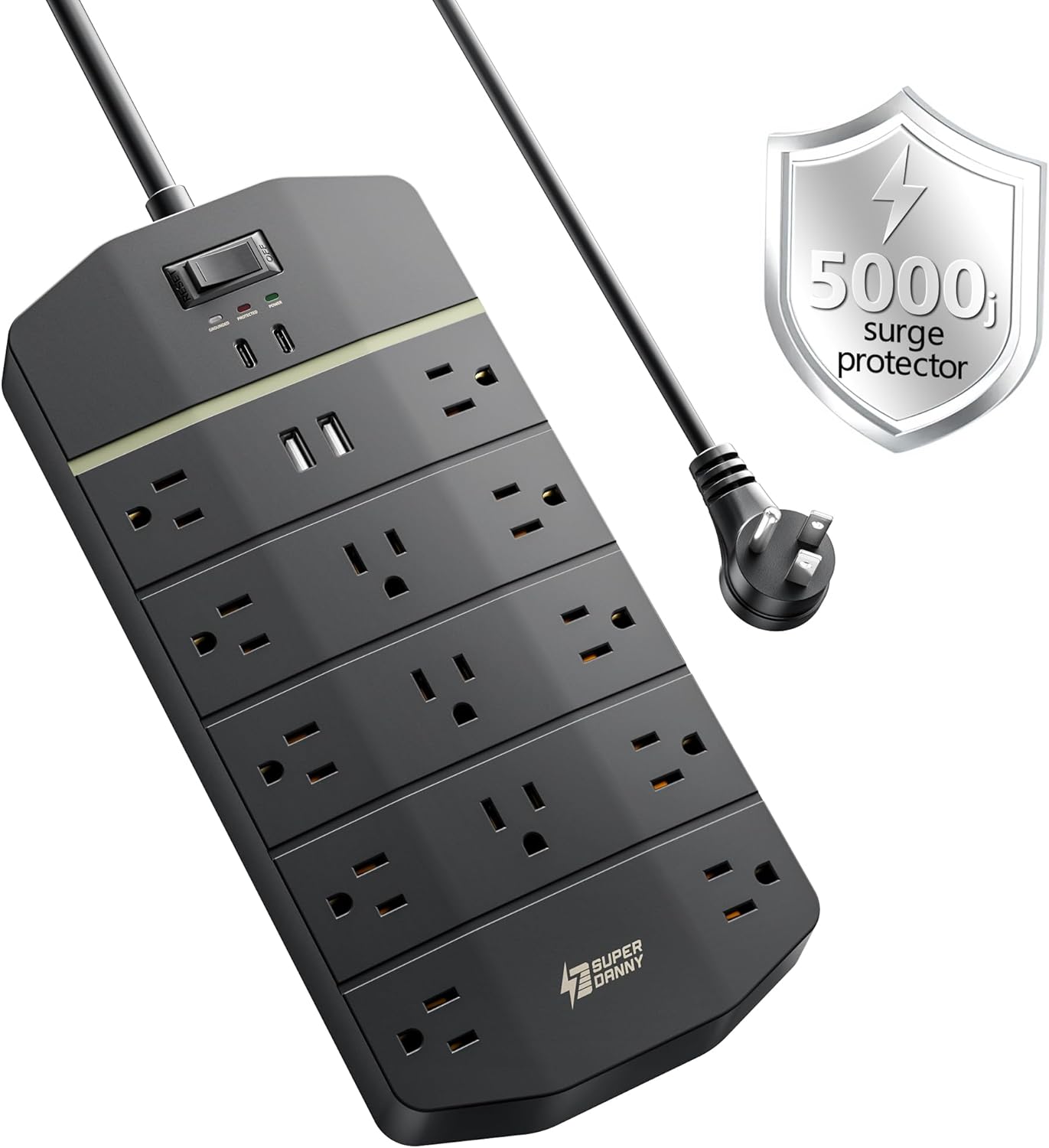 Power Strip,SUPERDANNY 5000 Joules Surge Protector with 13 AC Outlets 2 USB-A & 2 USB-C PD 20W Fast Charging Heavy Duty 14AWG/3C Industrial Grade Extension Cord for Workbench Home Office Black