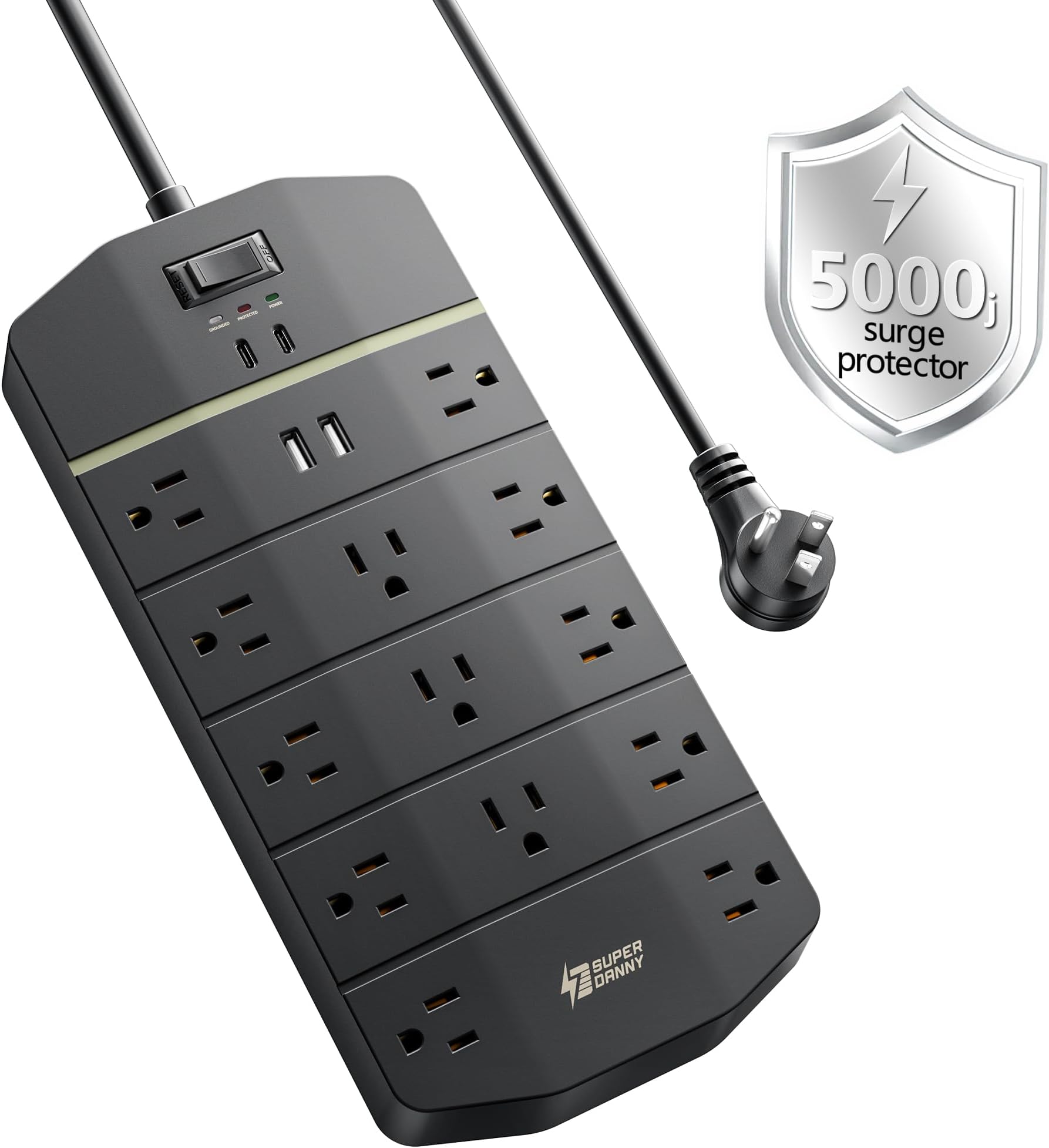 Power Strip,SUPERDANNY 5000 Joules Surge Protector with 13 AC Outlets 2 USB-A & 2 USB-C PD 20W Fast Charging Heavy Duty 14AWG/3C Industrial Grade Extension Cord for Workbench Home Office Black