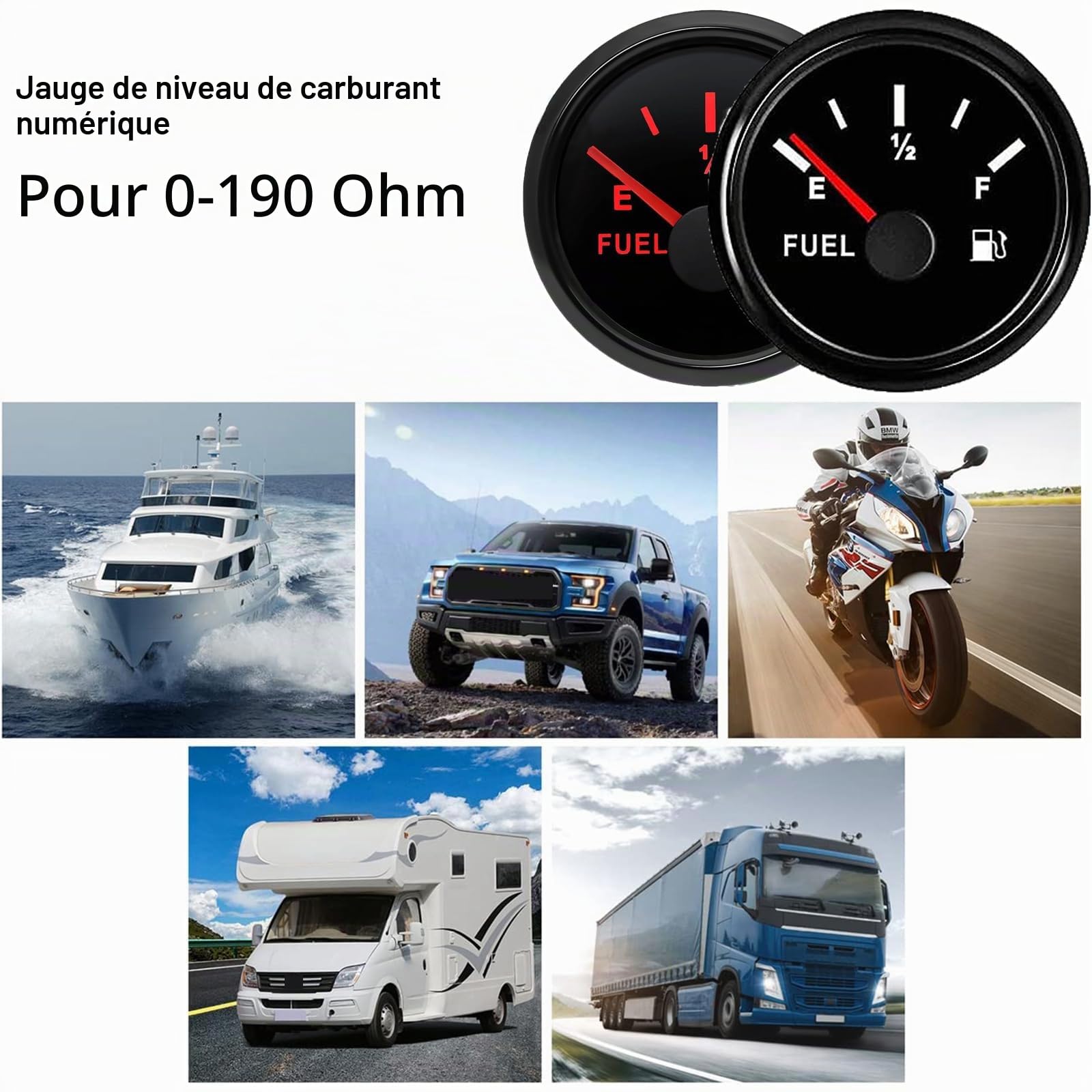 Geloo Jauge de Niveau de Carburant, 52 mm 0~190 ohm Jauge de Niveau d'huile avec Rétroéclairage LED Indicateur de Réservoir de Carburant E-1/2-F Pointeur pour Voiture, Bateau, RV, Camion