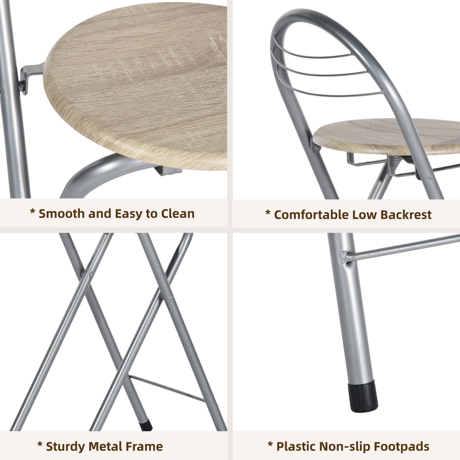 1 tabouret pliant avec dossier, portable, pliable, pour extérieur, jardin, balcon, cuisine, bars, camping, hauteur d'assise 61 cm (chêne et argent)