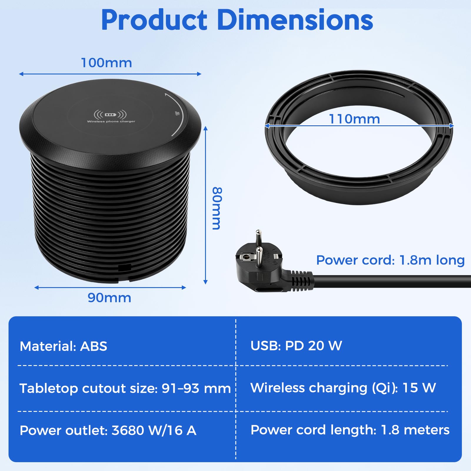 Gniazdo wtykowe do zabudowy z USB-C PD 20 W/15 W Qi ładowanie / 1,8 m do kuchni, na biurko
