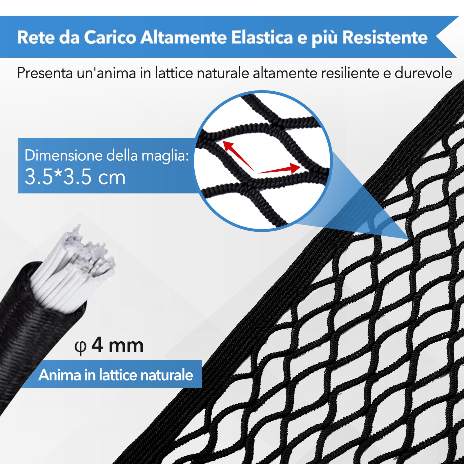 Rete Elastica per Camion, Rete Bagagliaio Auto con Ganci, Grandi Rete Portaoggetti 1,2 x 1,2 m Estensibile Fino a 2,1 x 2,1 m, Rete da Carico per Pick-up, Auto, SUV, Rimorchio, Barca, Camper