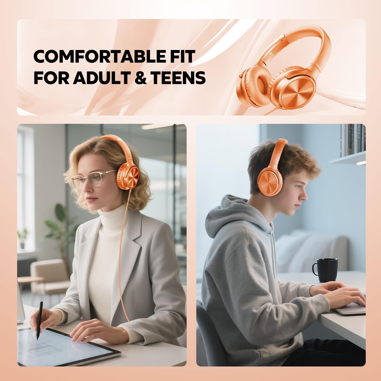 Cowyawn Cuffie USB C cablate, over-ear, con cavo USB C, con microfono, controllo del volume, suono stereo HD, cuffie pieghevoli USB tipo C per adulti/ragazzi/laptop/computer/iPhone 15/16/17, arancione