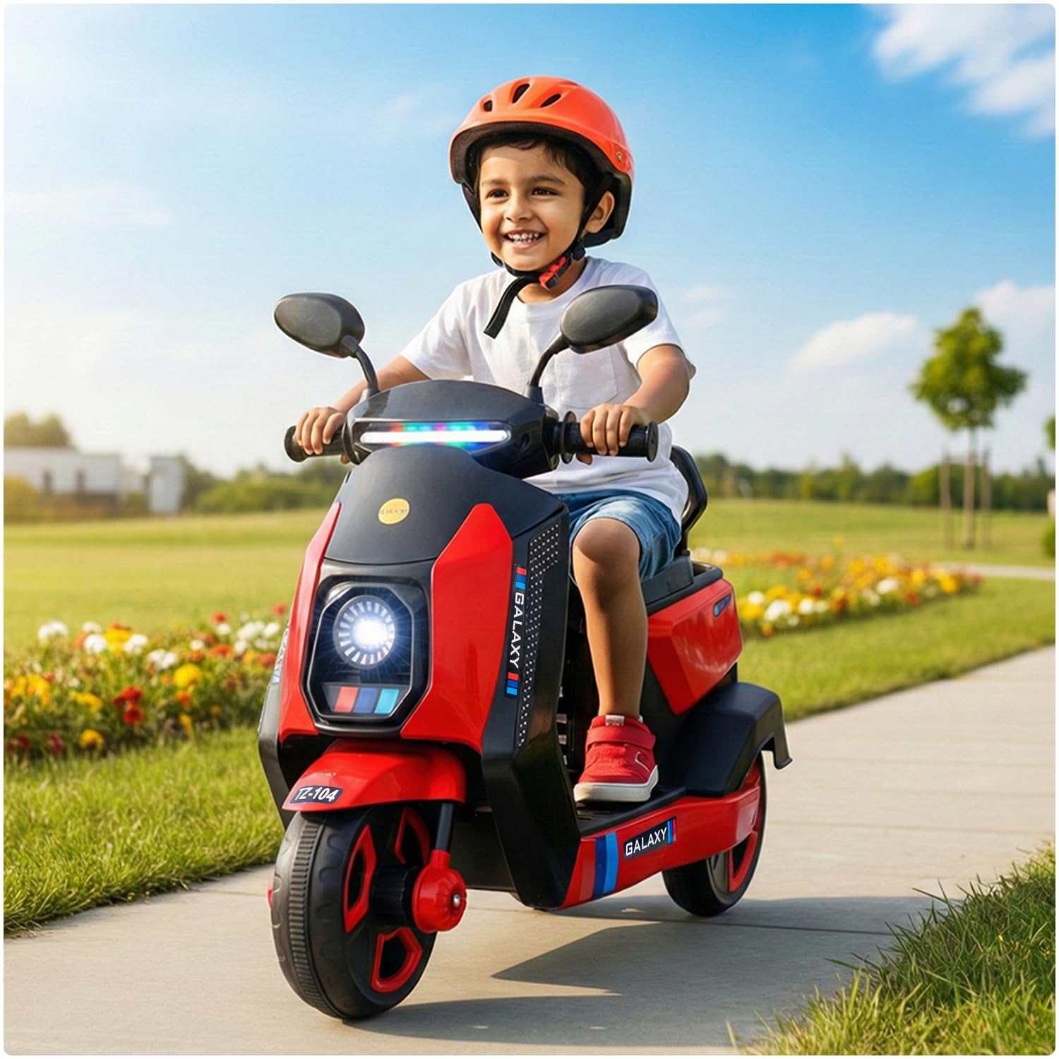 Toyzone Galaxy Kids Electric Scooty (Red) | 6V 4.5Ah Battery Rechargeable Scooter | Music & Colourful LED Lights | Smooth Acceleration | 6 Months Battery Warranty | for Kids 3-8 Years, Upto 35 Kgs