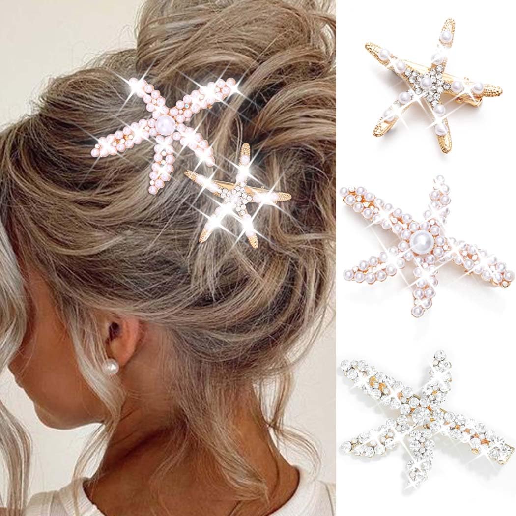 Reaky Mermaid Hair Clips Starfish Hair Clip Rhinestone Clips Hair Accessories for Women (Gold), 1 count (Pack of 3)