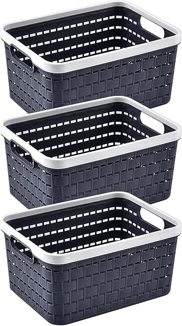 Plastic Storage Basket,3 Pcs Weave Storage Baskets storage baskets Plastic Rattan Storage Basket Set with Handles Plastic Weave Basket Desktop Storage Box for Kitchen Bathroom and Cabinet (dark gray)