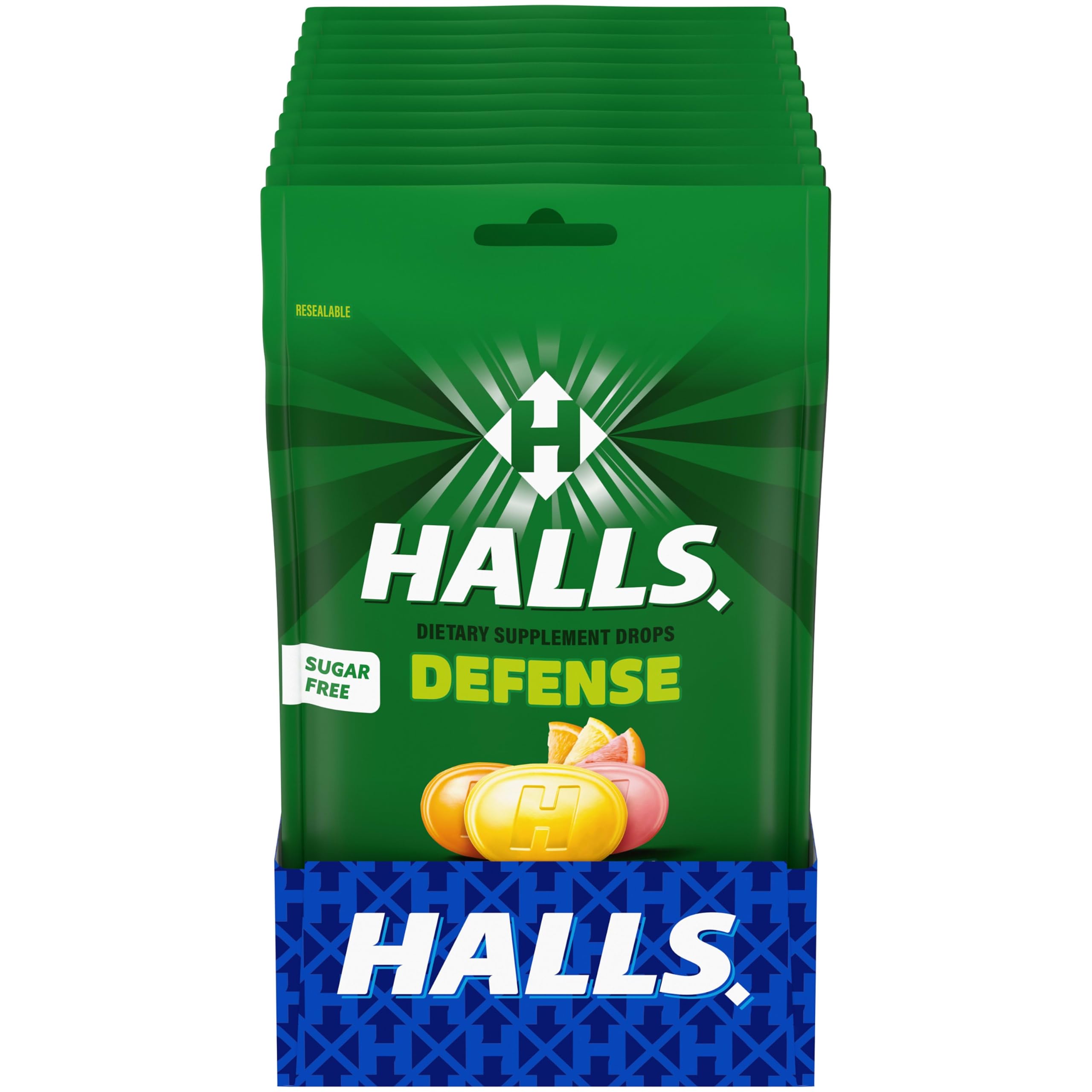 HALLS Defense Citrus Sugar Free Vitamin C Dietary Supplement Drops, 300 ct | Throat Drops, 12 Bags of 25