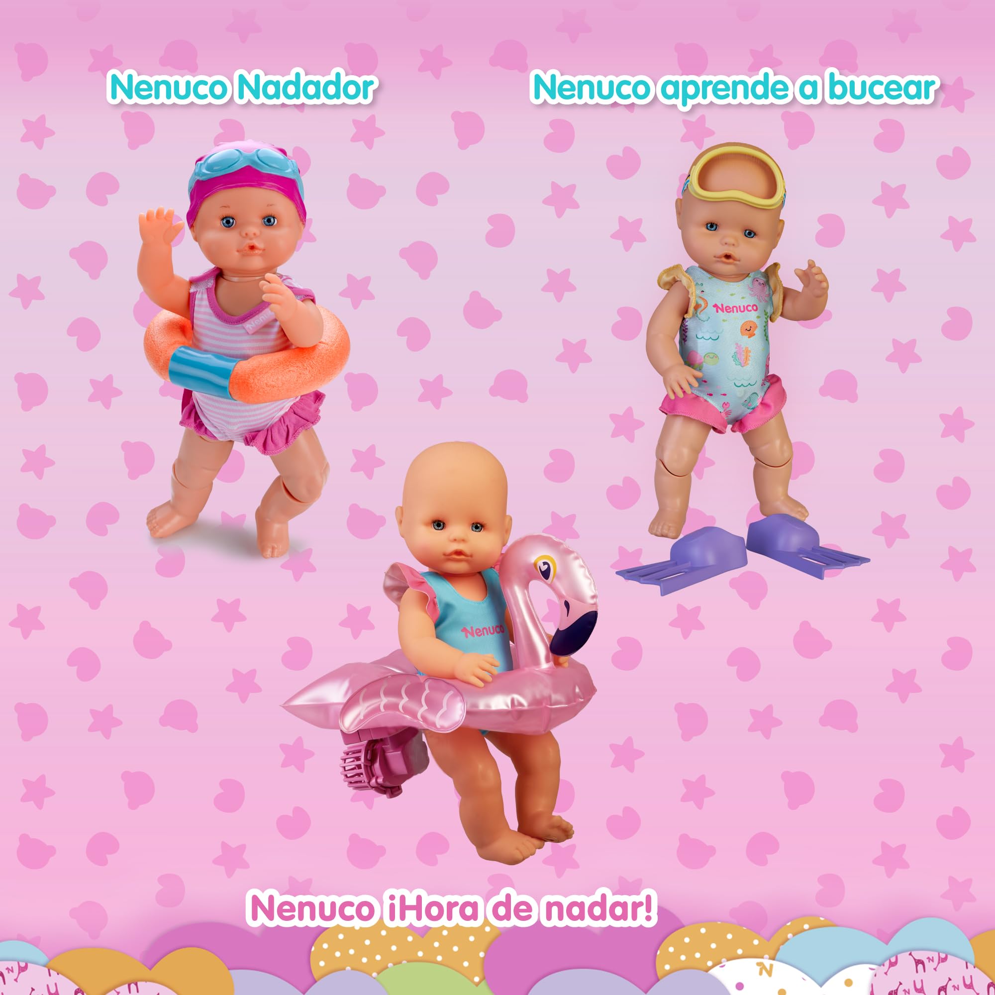 Nenuco - ¡Aprende a Bucear! Muñeco de 35 cm y Cuerpo Duro Que Mueve Sus piernas y Nada solito. con tu Ayuda podrá sumergirse en el Agua y bucear. Incluye bañador, Aletas y Gafas de bucear (NFN75000)