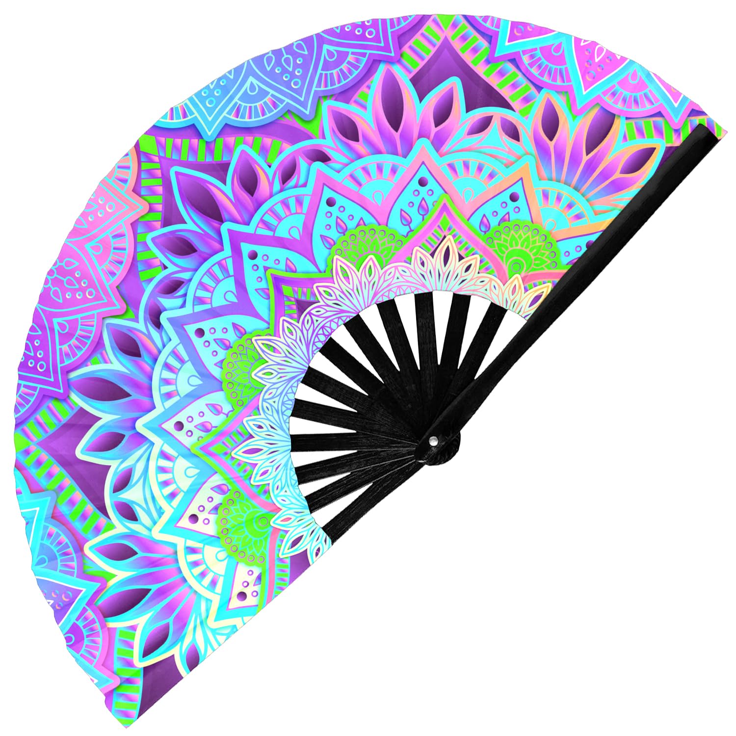 Glofx Ventilatore Portatile Con Mandala Rave Uv Glow – Verde Acqua, Rosa, Viola E Verde – Grande Ventaglio Pieghevole Per Festival Alla Moda, Accessori Essenziali Per Rave Da Donna, Ventaglio-image