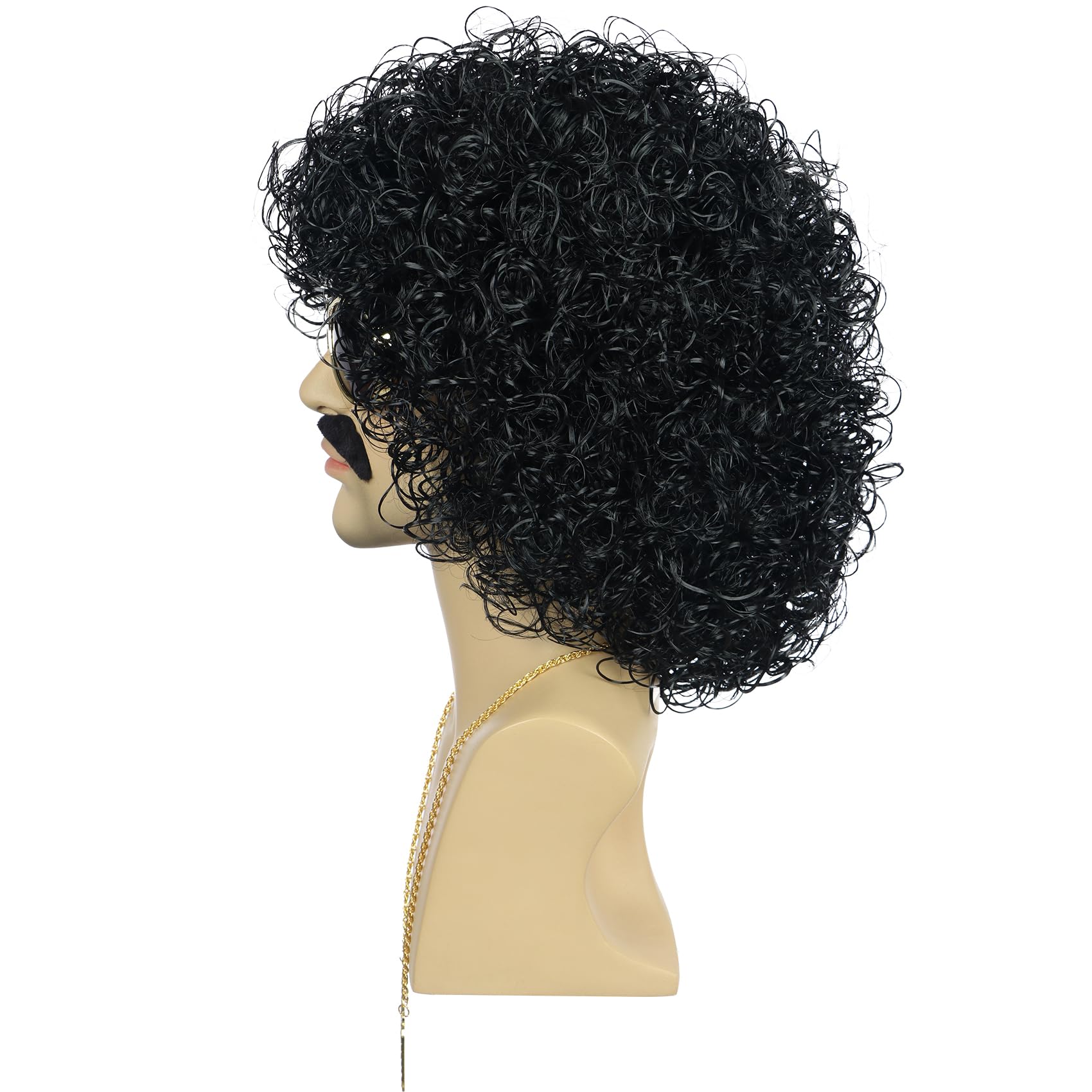 karlery Men Short Curly Black Wig with Mustache Necklace Glasses 70s 80s Disco Afro Rocker Wig for Cosplay Halloween Party - Image 3