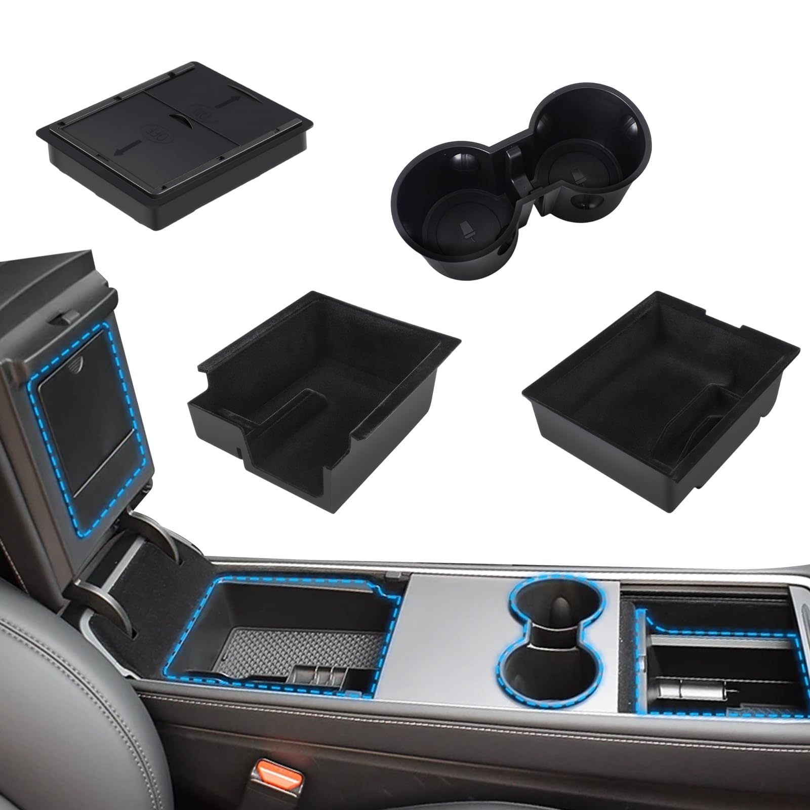 Lot de 4 Organiseurs de Console Centrale pour Tesla Model 3/Y 2021-2024, Plateau de Rangement Console Centrale + Accoudoir Boîte de Rangement + Porte Gobelet, pour Tesla Model 3 Y Accessoires